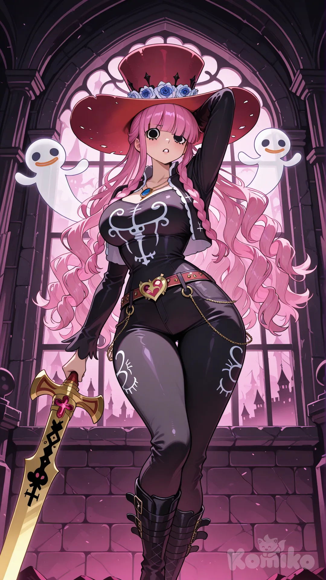 @Perona,An anime-style woman with a voluptuous figure and perfect body curves, long wavy pink hair partially covered by a wide-brimmed red hat, her face showing a neutral expression with large expressive eyes. She wears a red and black outfit: a black jacket with red lining and intricate patterns, and light-colored pants tucked into dark boots. A golden cross pendant hangs around her neck. She is in a strong, dynamic pose, holding a large ornate golden and black sword with golden scrolling patterns and blue gem accents, the weapon extending diagonally across her body. Her shoulders are slightly hunched and her face is grimacing with effort or determination. A small translucent white ghost-like figure with a distressed expression hovers behind her head.

**Setting:** Inside an ancient, haunted castle. The scene features moss-covered stone walls, dilapidated arched windows, and dim, eerie light filtering through gaps, creating a chilling and mysterious atmosphere.
**Camera Angle:** Medium close-up, focusing on the sword-wielding character in a dynamic pose, emphasizing the large sword, gripping stance, determined expression, and the ghost.
**Suggested Aspect Ratios:** 16:9 (for a wider scene) or 9:16 (to focus on the character).
**Art Style:** Anime/manga, clean defined lines, vibrant colors (reds, blacks, pinks) contrasting with the dark and gloomy tones of the castle. Highly on the sword and outfit, emphasizing the character's strength, resolve, and supernatural elements within a gothic setting.
