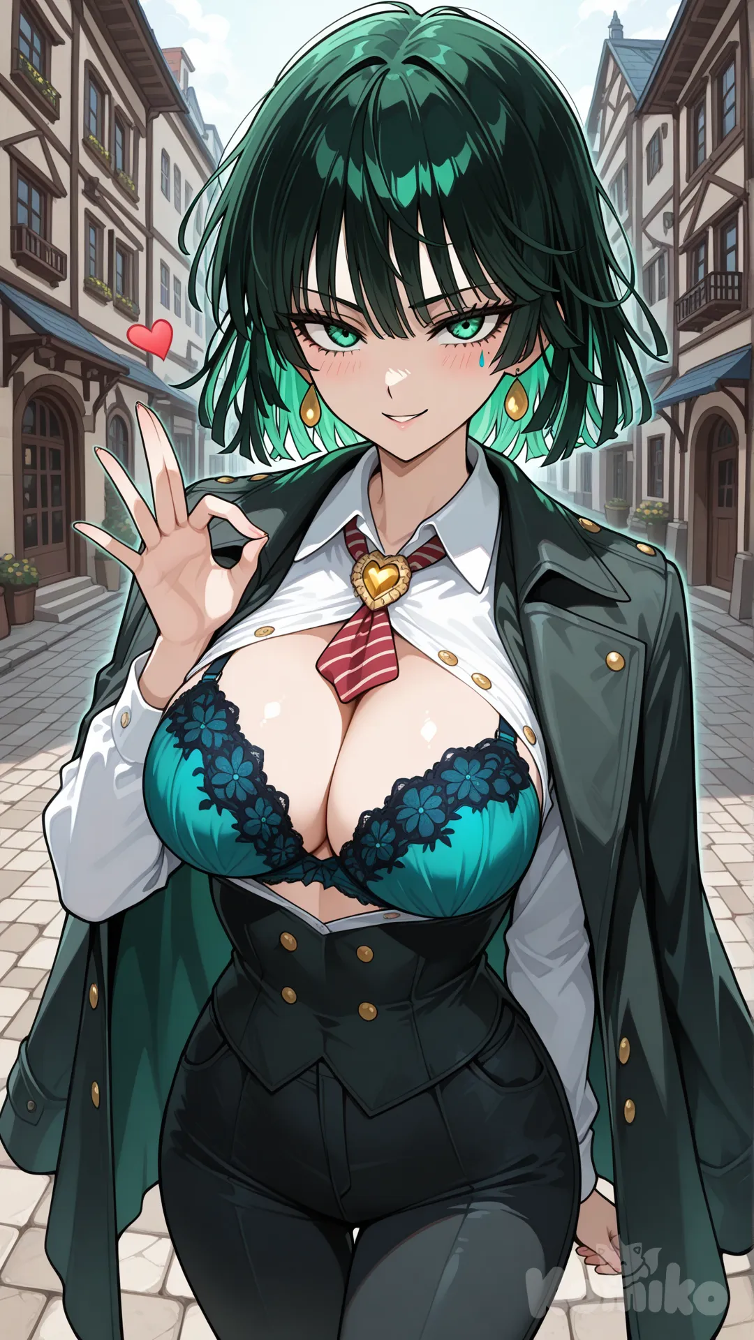 @Fubuki_(One-Punch_Man),An anime-style woman with vibrant green, shoulder-length curly hair and striking green eyes. She has unique makeup: a red heart below her right eye and a blue teardrop below her left eye. She wears a white collared shirt, **unbuttoned to reveal a blue lace bra** matching her waistcoat. Her dark green waistcoat has gold buttons, a striped tie in red, green, and gold, and a long black coat draped over her shoulders. A gold heart-shaped brooch is pinned to her waistcoat. She also wears tight black trousers. She extends her right hand toward the viewer in an inviting gesture, with a subtle smile. The background is a cobblestone street or alleyway lined with old European-style buildings featuring arched windows and subtle architectural details. Dramatic lighting glows from her hair, especially on the left side, suggesting a magical aura, with highlights on her hair, eyes, and skin.

**Camera Angle:** Medium close-up from the front, creating depth with the extended arm, focusing on her face, unbuttoned outfit, and inviting gesture, with clear emphasis on the blue lace bra.
**Setting:** Old European urban street during the day, with natural light and a mysterious atmosphere.
**Suggested Aspect Ratios:** 16:9 (for a wider scene) or 9:16 (to focus on the character).
**Art Style:** Anime/manga-influenced, clean line work, contrasting cool greens (hair, eyes, waistcoat) and warm reds (tie, heart makeup), with luminous magical effects and smooth shading for an alluring, playful mood, subtly enhanced by the revealed lingerie.