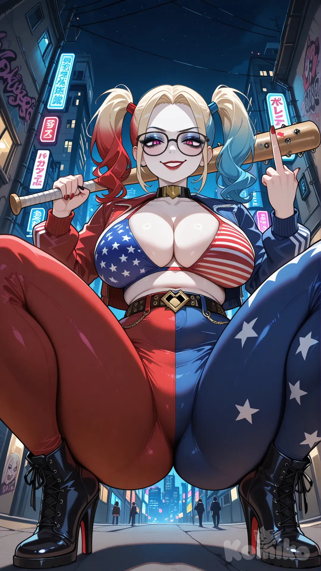 @Harley_Quinn,A voluptuous woman with perfect body curves, large breasts, slender waist, and plump buttocks. She has her hair tied in two high pigtails, one blue and one red, and wears large, stylish glasses. Her face is made up in a distinct Harley Quinn style, with a pale foundation, vibrant red lipstick, and blue/red smudges around her eyes, creating a chaotic yet seductive look. She wears a jacket that is half blue and half red (the blue side of the jacket is above the red side of the leggings, and vice versa), with a wide collar that clearly reveals a bra with a USA flag motif – one side with blue and white stripes, the other with white stars on a red background. She wears high-waisted leggings, one leg blue and one red, **ensuring the blue side of the jacket is above the red leg of the leggings, and vice versa**. Her feet are adorned with colorful high heels. She is in a defiant wide-legged squat, a provocative pose. Her right hand holds a metal baseball bat, casually resting on her shoulder, her eyes full of challenge. Her left hand extends a middle finger, lowered between her legs, pointed directly at the viewer, bare and full of contempt. Her face looks down, smirking arrogantly, eyes sharp and self-satisfied.

**Camera Angle:** Low-angle shot, looking up from the front, specifically from between the character's spread legs. The character extends her middle finger directly towards the viewer. This angle emphasizes the squatting pose, the extended middle finger, her breasts, and her arrogant, smirking face looking down.
**Setting:** A desolate city corner at night, with dim neon lights, old graffiti-covered buildings, and a gloomy, gritty atmosphere.
**Suggested Aspect Ratios:** 16:9 (for a wider scene, including character and city background) or 9:16 (strong focus on the character and the specific angle).
**Art Style:** Hyperrealistic, highly comic-book inspired but with a realistic appearance, dramatic lighting from streetlights and neon creating strong contrasts, emphasizing the character's arrogant, chaotic, and seductive nature.