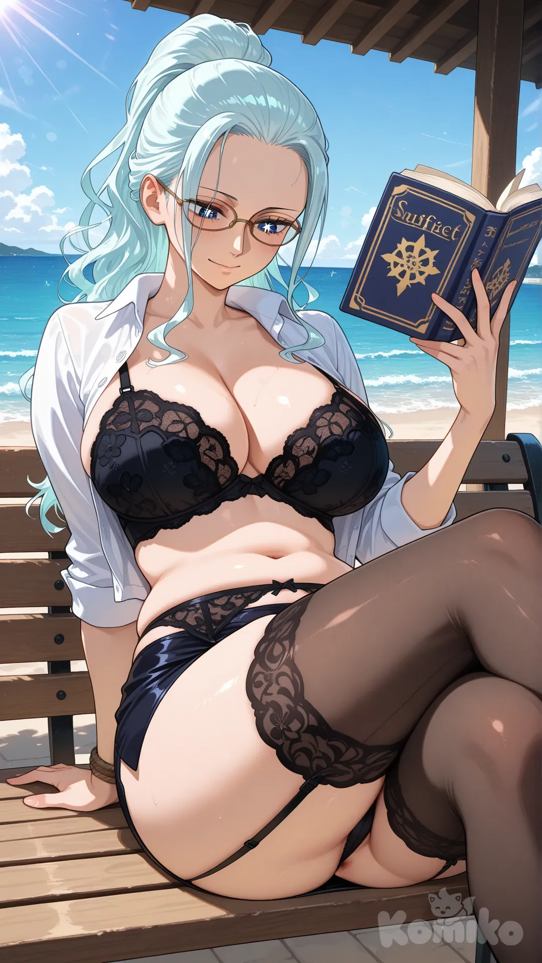 @Nico_Robin,A voluptuous woman with perfect body curves, full breasts, slender waist, and plump buttocks. She is wearing an unbuttoned shirt, revealing a black lace bra underneath. The two front flaps of the shirt are tied together above her stomach, exposing her flat abdomen and alluring cleavage. She wears a short pencil skirt reaching mid-thigh, underneath which is a matching black lace thong, hinting at the seductive curves of her vagina and anus. She is sitting leaning back on a stone bench along a beach, gracefully crossing her legs. On her legs are **black thigh-high stockings, secured by alluring garters**. One hand holds a classic-bound book, her eyes sparkling behind a pair of eyeglasses. Her hair is neatly tied high. Her face is gently smiling, absorbed and intently reading the book, exuding an intellectual and sensual beauty.

**Camera Angle:** From the front, slightly high looking down and angled to one side, focusing on the character. This angle allows a clear view of her breasts, her smiling face intently reading, and the detail of the thigh-high stockings with garters. Parts of the stone bench and the beach are also visible in the background.
**Setting:** Stone bench in a park along the coastline, with gentle afternoon sunlight, soft lapping waves, and a clear blue sky.
**Suggested Aspect Ratios:** 16:9 (for the full reading scene and beach background) or 9:16 (to focus on body details and face).
**Art Style:** Hyperrealistic, highly emphasizing intellectual beauty combined with sensuality, soft natural light creating shimmering effects on her hair and glasses, subtle shadows on her skin, enhancing her body curves.