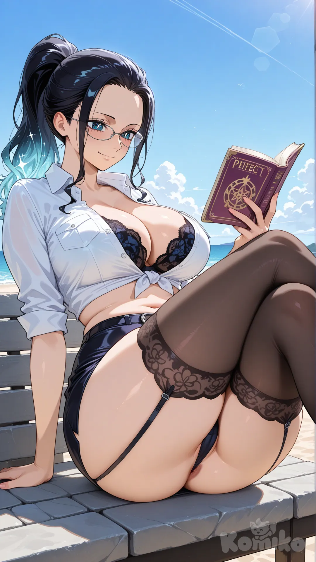 @Nico_Robin,A voluptuous woman with perfect body curves, full breasts, slender waist, and plump buttocks. She is wearing an unbuttoned shirt, revealing a black lace bra underneath. The two front flaps of the shirt are tied together above her stomach, exposing her flat abdomen and alluring cleavage. She wears a short pencil skirt reaching mid-thigh, underneath which is a matching black lace thong, hinting at the seductive curves of her vagina and anus. She is sitting leaning back on a stone bench along a beach, gracefully crossing her legs. On her legs are **black thigh-high stockings, secured by alluring garters**. One hand holds a classic-bound book, her eyes sparkling behind a pair of eyeglasses. Her hair is neatly tied high. Her face is gently smiling, absorbed and intently reading the book, exuding an intellectual and sensual beauty.
**Camera Angle:** From the front, slightly high looking down and angled to one side, focusing on the character. This angle allows a clear view of her breasts, her smiling face intently reading, and the detail of the thigh-high stockings with garters. Parts of the stone bench and the beach are also visible in the background.
**Setting:** Stone bench in a park along the coastline, with gentle afternoon sunlight, soft lapping waves, and a clear blue sky.
**Suggested Aspect Ratios:** 16:9 (for the full reading scene and beach background) or 9:16 (to focus on body details and face).
**Art Style:** Hyperrealistic, highly emphasizing intellectual beauty combined with sensuality, soft natural light creating shimmering effects on her hair and glasses, subtle shadows on her skin, enhancing her body curves.