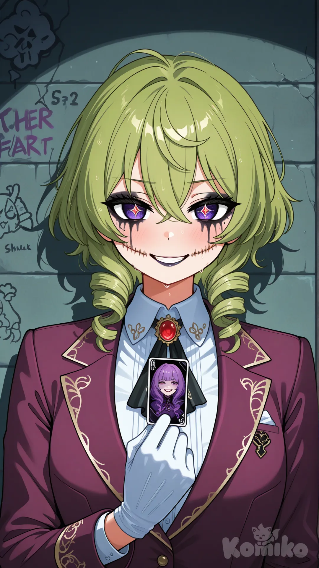 ultra-8K, cinematic lighting, dynamic front-facing shot, medium close-up (upper body), 9:16 aspect ratio, photorealistic, dark and gritty atmosphere, psychological horror.
An intense, front-facing medium close-up of the Joker, emerging from the shadows of a dark alley. He stands tall, his imposing figure and manic energy captured in a moment of eerie calm and silent threat.
CHARACTER DETAILS (MEDIUM CLOSE-UP FOCUS):
· Face & Expression: His face is covered in smudged, garish clown makeup: a wide, bright red smile painted over his lips, which are physically torn into a Glasgow smile, with scars extending to both cheeks. His expression is a chilling paradox: a wide, manic grin that doesn't reach his cold, calculating, and deeply unsettling eyes. The makeup is sweaty and imperfect, emphasizing his chaotic nature.
· Hair & Features: He has a head of untamed, curly green hair (inspired by the film's design where the hair color was created to look "broccoli-like"). The curls are wild and frame his pale face.
· Attire: He wears a tailored, deep purple suit (a red-violet hue). The suit is elegant yet worn, symbolizing his transformation from Arthur Fleck. He pairs it with a crisp white dress shirt and white leather gloves.
· Pose & Props: His gloved hand holds a single, worn Joker playing card at chest height, presenting it to the viewer as a twisted invitation or a signature. His posture is relaxed yet dominant.
BACKGROUND AND ATMOSPHERE:
The scene is adamp, deserted urban alleyway at night. The only light comes from a distant, flickering neon sign, casting long, dramatic shadows and painting everything in hues of blue, green, and purple. Steam rises from a gutter, and graffiti covers the brick walls. The atmosphere is one of loneliness, decay, and impending chaos.