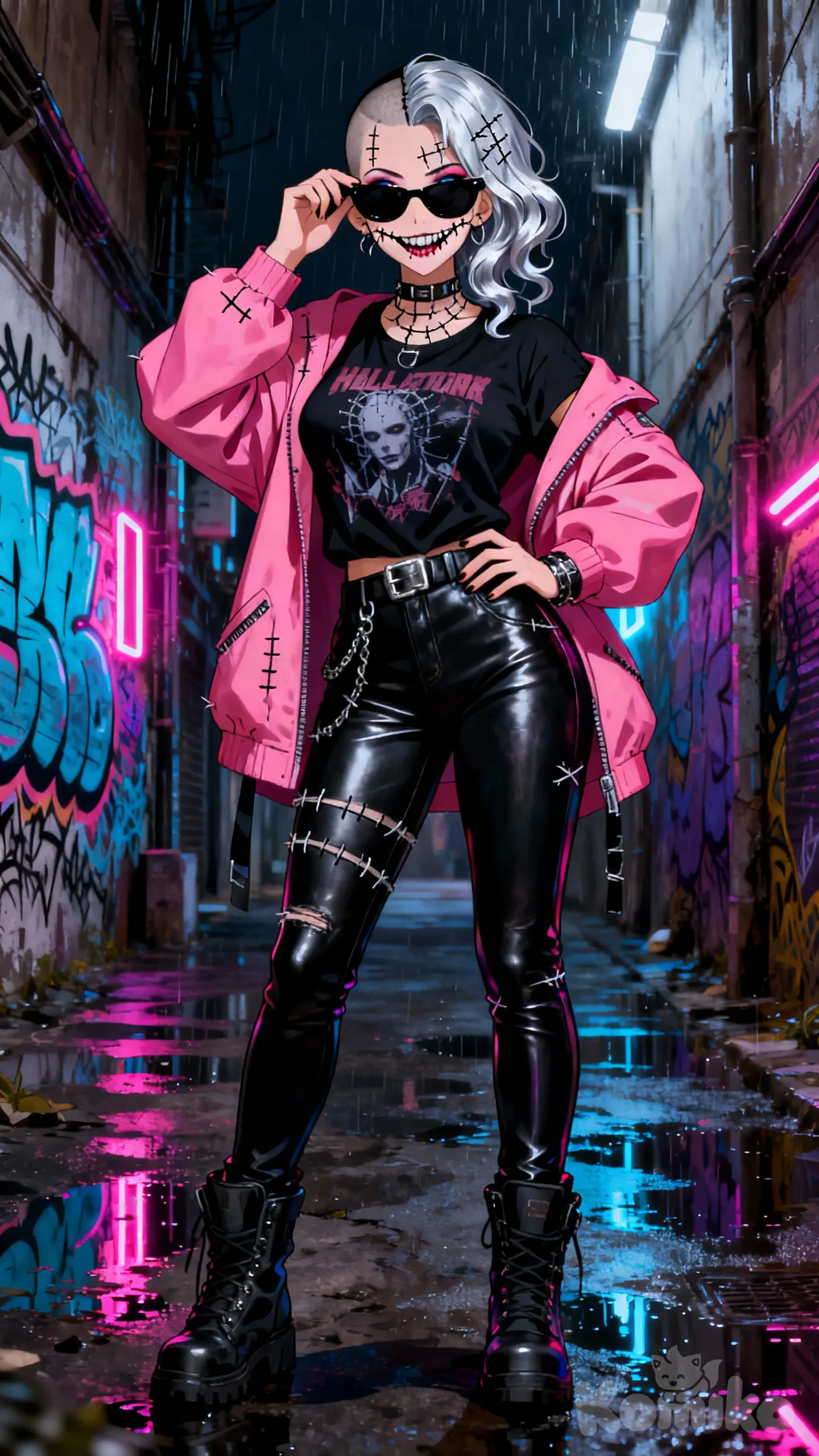 ultra-8K, cinematic lighting, dynamic front-facing shot, full-body portrait, 9:16 aspect ratio, photorealistic, gritty cyberpunk atmosphere, street style, dark fashion.

A striking full-body portrait of a voluptuous woman with a perfect, curvaceous figure and an imposing underground street style. She stands with defiant confidence, her entire demeanor exuding a cold, rebellious allure.

CHARACTER DETAILS (FULL-BODY FOCUS):

· Face & Expression: Her face features heavy, dramatic makeup with sharp contours, smoky eyeshadow, and defined brows. She wears opaque black sunglasses that hide her eyes, adding to her mystery. The most distinctive feature is her mouth, which has long, pronounced surgical-style stitching extending from the corners to her earlobes, suggesting a sealed or altered smile. Her lips form a cold, mocking smirk that is both unsettling and captivating.
· Hair: Her hair is styled in a bold, asymmetrical underground fashion, shaved on one side of her head. The remaining hair is long and styled with textured waves or an edgy cut, dyed in a vibrant or unconventional color (e.g., platinum silver, neon, or dark with colored streaks).
· Attire: She wears a bold pink oversized jacket or coat with a striking design, layered over a slim-fit black graphic t-shirt. Her lower body is clad in tight black leggings or leather pants that accentuate her curves. The outfit is completed with chunky combat boots or high-tech sneakers.
· Pose: Her stance is dominantly casual yet confrontational. Her left hand is firmly planted on her hip, while her right hand is raised, adjusting the frame of her black sunglasses with a poised, almost taunting gesture.

BACKGROUND AND ATMOSPHERE:
The scene is set in agritty, neon-lit urban alleyway or industrial zone at night. Graffiti covers the walls, and puddles reflect the colorful lights from nearby signs. The atmosphere is charged with the raw, rebellious energy of cyberpunk street culture.Anime style, Makoto Shinkai , Hellraiser style
