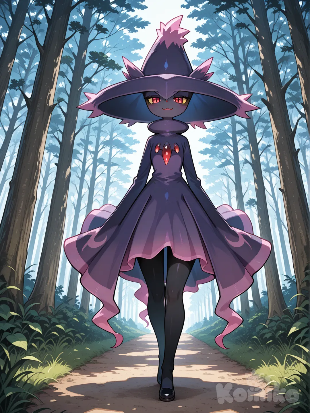 A curvaceous girl with perfect body, walking in a forest Opposite angle zoom in on body, arrogant expression, shinkai Makoto style, @Mismagius