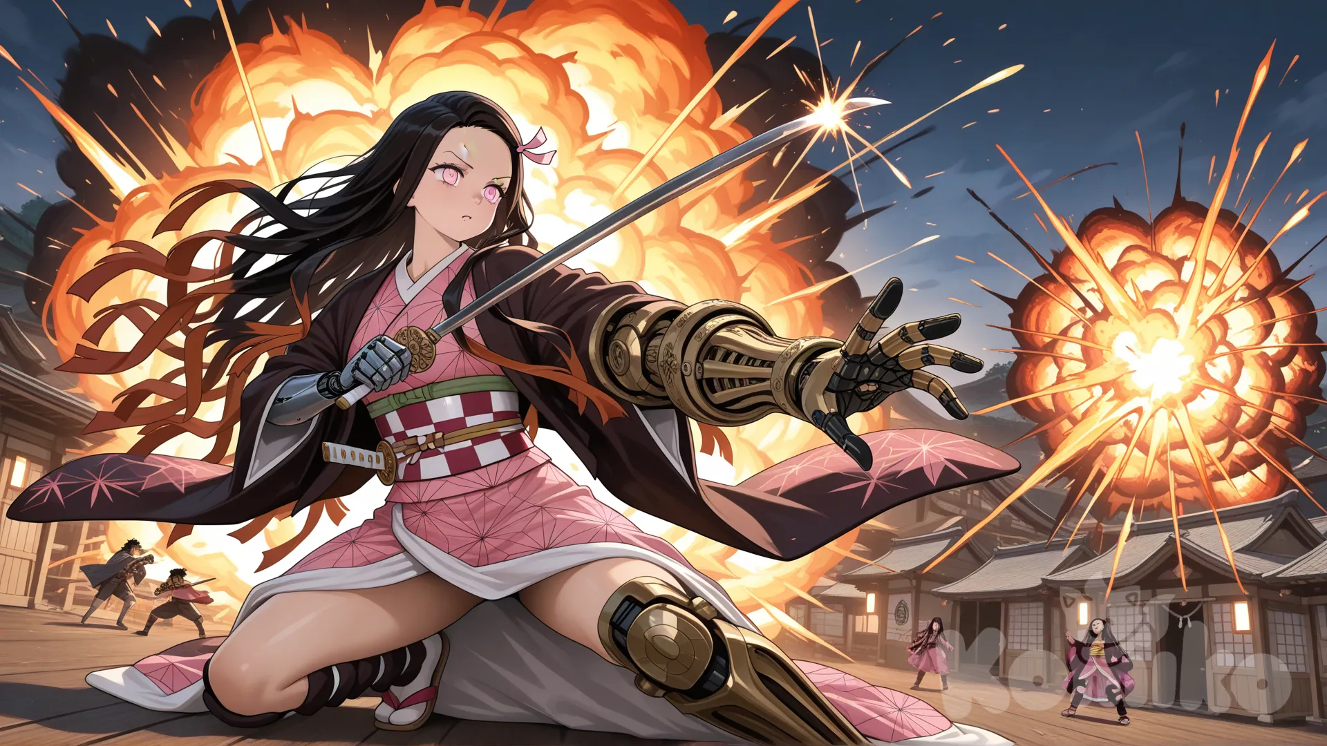 (Female warrior:1.2),(voluptuous figure:1.1), (Furisode kimono:1.3), (golden dragon embroidery:1.4), (intricate mechanical prosthetic arm:1.5), (wood metal crystal prosthesis:1.4), (catching a cannonball:1.5), (explosion sparks flames:1.4), (Wakizashi short sword:1.3), (defensive battle pose:1.3), (burning Japanese village:1.4), (Sengoku period war:1.3), (shattered gate:1.2), (cinematic action shot:1.4), front-facing, dynamic, 8K, ultra-photorealistic, dark fantasy, epic., @Kamado_Nezuko