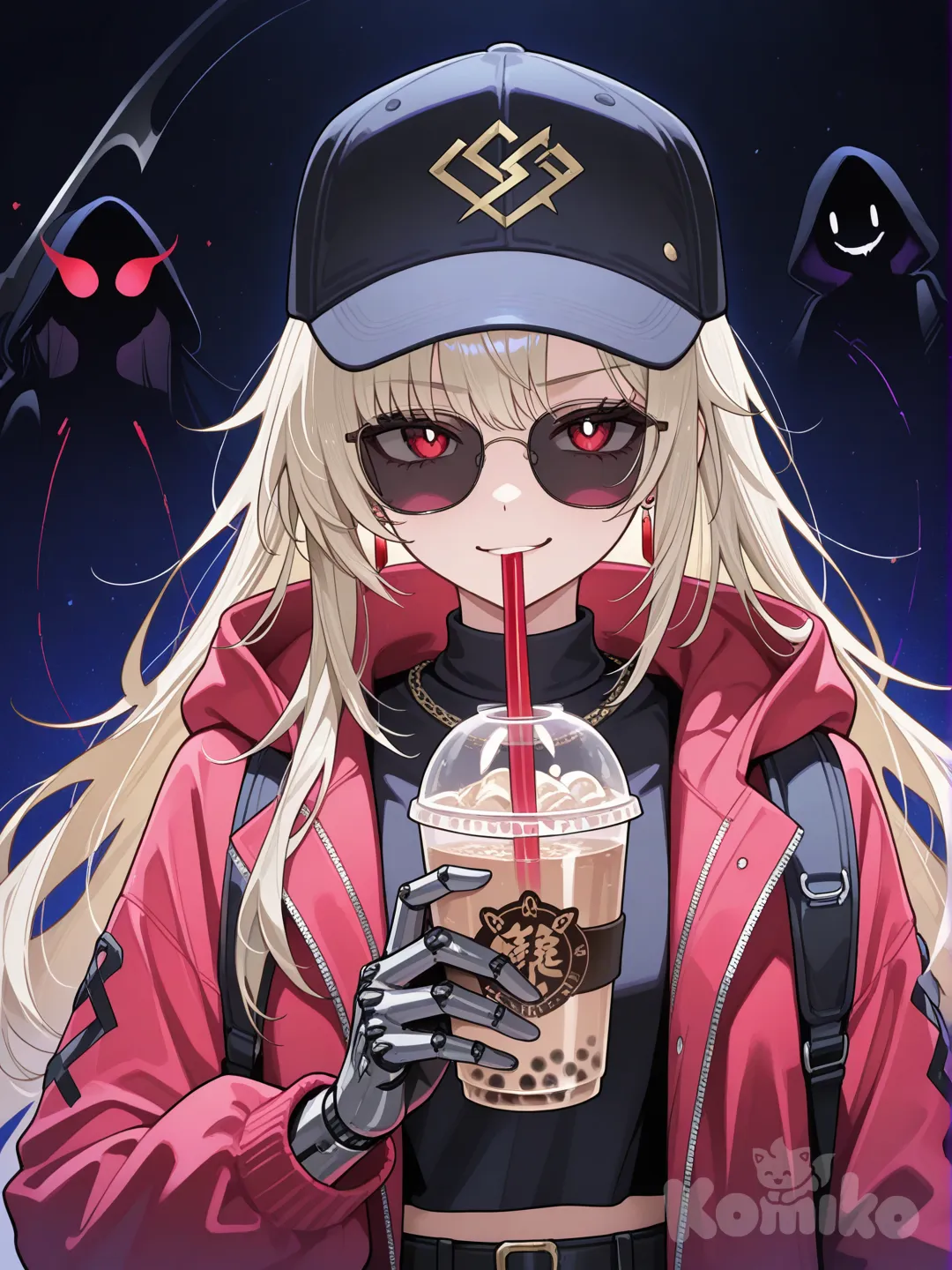 ultra-8K, cinematic lighting, full-body portrait, front-facing view, 9:16 aspect ratio, photorealistic, cyberpunk aesthetic, glitch art, vibrant colors, sharp focus.
A stunning full-body portrait of a voluptuous young woman with a perfect, curvaceous figure striding forward with confident arrogance. She is emerging from a glitching, unstable spatial portal, blending futuristic technology with street-style edge.
CHARACTER DETAILS (FULL-BODY FOCUS):
· Face & Expression: Her face is partially obscured by long hair covering one side and black sunglasses. The visible side of her mouth forms a cocky, knowing smirk. With her left hand, she holds a bubble tea cup up to her lips, casually sipping through a straw, adding an air of nonchalant disregard.
· Hair & Accessories: Her hair is worn loose, styled with a baseball cap worn backwards or slightly angled. She wears a pair of sleek black sunglasses.
· Attire: She wears a long, hooded red coat with a dramatic silhouette, left open to reveal a black shirt underneath and a pair of form-fitting high-waisted leggings. The outfit strikes a balance between practical combat gear and stylish streetwear.
· Cyborg Arm & Weapon: Her right arm is a fully mechanical cybernetic limb crafted from polished black and gold metal, with intricate plating and visible glowing circuitry. This hand firmly grips a menacing scythe. The shaft is metallic, while the blade is composed of flickering red and yellow laser energy, humming with unstable power.
· Pose: Her pose is a dynamic mid-stride, captured just as she steps out of the portal. The contrast between the casual sip of her drink and the ready combat stance creates a compelling narrative.
BACKGROUND AND ATMOSPHERE (GLITCHING PORTAL):
The scene's focal point is thelarge, unstable spatial portal she is exiting. It shimmers with deep purple and cosmic nebula-like colors, but its form is breaking apart. The entire scene is affected by a digital glitch effect: the portal, the space around her, and even parts of her own form are fragmented into broken, shifting pixels and data blocks in vivid greens, pinks, and reds. This creates the illusion of reality itself corrupting, with scan lines, static noise, and chromatic aberration distorting the image. The atmosphere is one of high-tech chaos, dimensional rupture, and formidable power.