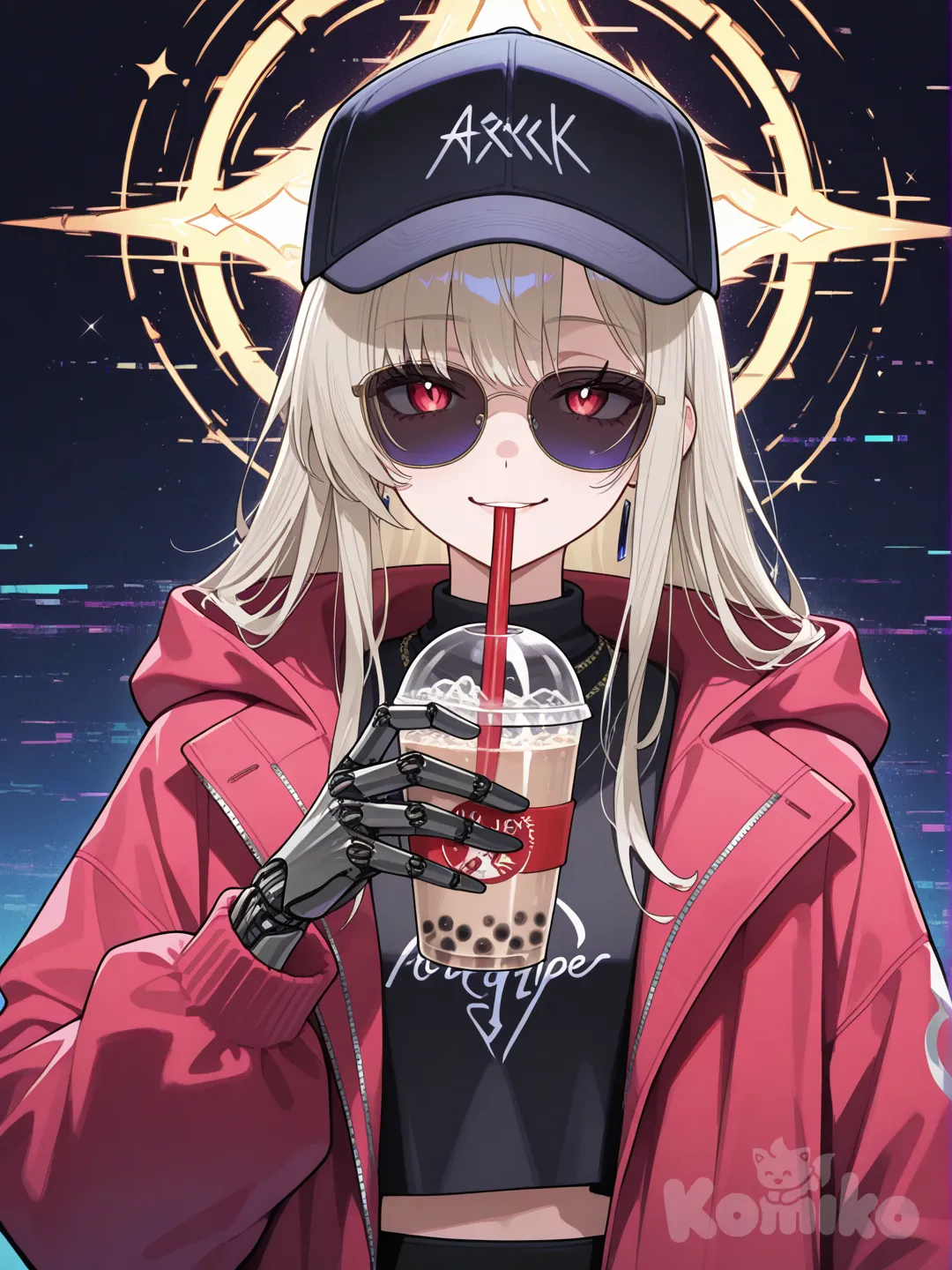 ultra-8K, cinematic lighting, full-body portrait, front-facing view, 9:16 aspect ratio, photorealistic, cyberpunk aesthetic, glitch art, vibrant colors, sharp focus.

A stunning full-body portrait of a voluptuous young woman with a perfect, curvaceous figure striding forward with confident arrogance. She is emerging from a glitching, unstable spatial portal, blending futuristic technology with street-style edge.

CHARACTER DETAILS (FULL-BODY FOCUS):

· Face & Expression: Her face is partially obscured by long hair covering one side and black sunglasses. The visible side of her mouth forms a cocky, knowing smirk. With her left hand, she holds a bubble tea cup up to her lips, casually sipping through a straw, adding an air of nonchalant disregard.
· Hair & Accessories: Her hair is worn loose, styled with a baseball cap worn backwards or slightly angled. She wears a pair of sleek black sunglasses.
· Attire: She wears a long, hooded red coat with a dramatic silhouette, left open to reveal a black shirt underneath and a pair of form-fitting high-waisted leggings. The outfit strikes a balance between practical combat gear and stylish streetwear.
· Cyborg Arm & Weapon: Her right arm is a fully mechanical cybernetic limb crafted from polished black and gold metal, with intricate plating and visible glowing circuitry. This hand firmly grips a menacing scythe. The shaft is metallic, while the blade is composed of flickering red and yellow laser energy, humming with unstable power.
· Pose: Her pose is a dynamic mid-stride, captured just as she steps out of the portal. The contrast between the casual sip of her drink and the ready combat stance creates a compelling narrative.

BACKGROUND AND ATMOSPHERE (GLITCHING PORTAL):
The scene's focal point is thelarge, unstable spatial portal she is exiting. It shimmers with deep purple and cosmic nebula-like colors, but its form is breaking apart. The entire scene is affected by a digital glitch effect: the portal, the space around her, and even parts of her own form are fragmented into broken, shifting pixels and data blocks in vivid greens, pinks, and reds. This creates the illusion of reality itself corrupting, with scan lines, static noise, and chromatic aberration distorting the image. The atmosphere is one of high-tech chaos, dimensional rupture, and formidable power.