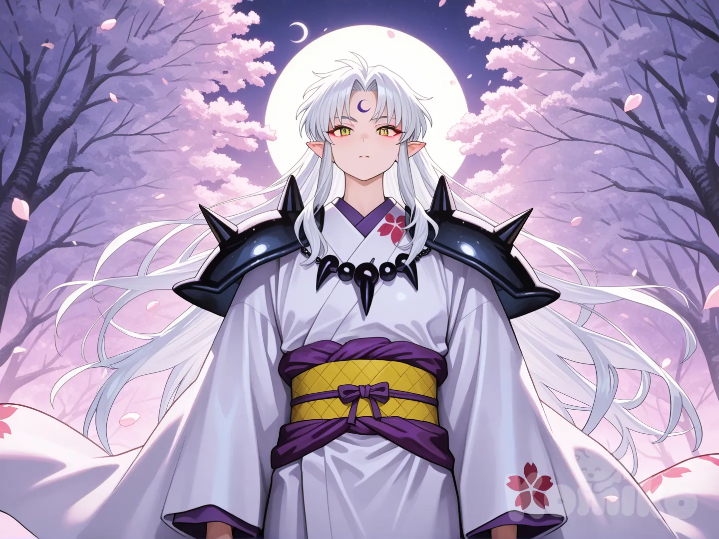 Sesshomaru from Inuyasha, extremely handsome demon lord, long flowing silver-white hair, sharp golden eyes, red eyeliner, crescent moon on forehead, pointy elf ears, wearing elegant white kimono with red cherry blossom patterns and hexagonal motifs, spiked pauldron on right shoulder, yellow and purple obi sash, Mokomoko fluffy boa over left shoulder, standing gracefully in moonlight forest, sakura petals floating, cold and regal expression, face, ultra-sharp focus, 8k, cinematic lighting, by Range Murata and Yoshitaka Amano, anime style, highly background
