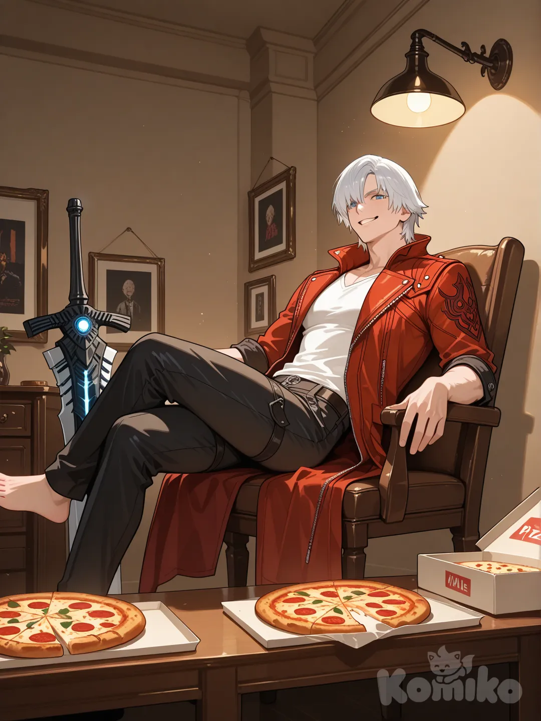 Dante leaning back in his chair, feet on desk, red coat open, white shirt underneath, Rebellion sword leaning against wall, pizza box half-eaten, neon “Devil May Cry” sign glowing behind, relaxed confident pose, playful grin, warm interior lighting, highly cinematic --ar 3:4 --stylize 250