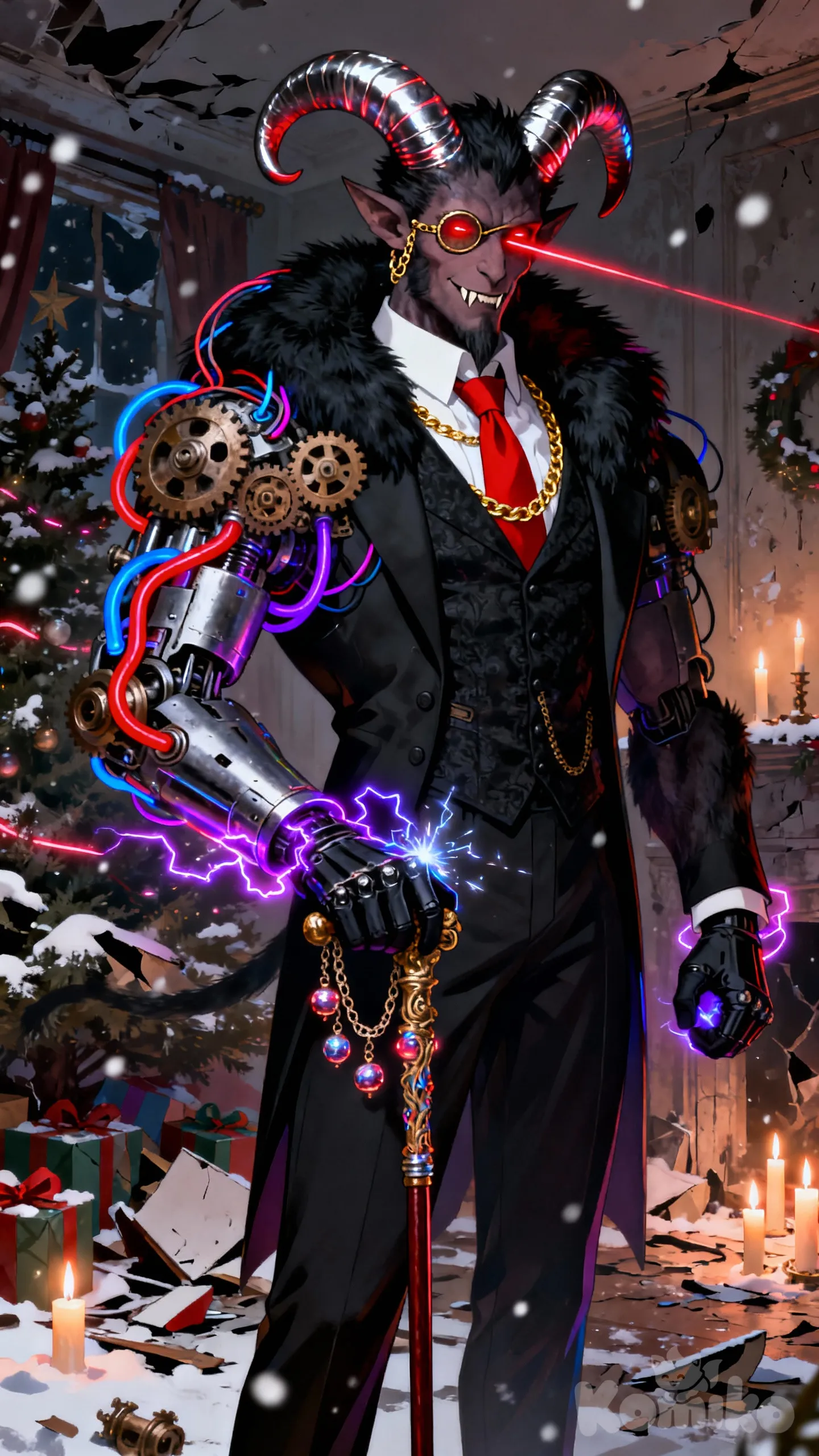 Elegant cyberpunk steampunk Krampus demon gentleman tall muscular figure curved chrome metal horns polished glowing subtle red accents sharp fangs subtle menacing smile, wearing tailored black victorian suit vest white shirt red tie golden monocle chain on one eye red laser glow iris, thick black fur collar with neon wires exposed gears pistons turning on shoulders arms colorful fluid tubes red blue purple glowing electric arcs light sparking gloved hands holding ornate cane decorative chains rattling, standing proud in ruined Christmas room destroyed tree broken gifts scattered artificial snow dust flickering neon candle lights dystopian cyberpunk fairy tale atmosphere, fabric texture metal gears fur horns high resolution dark fantasy dramatic shadow neon glow, 9:16 aspect ratio"