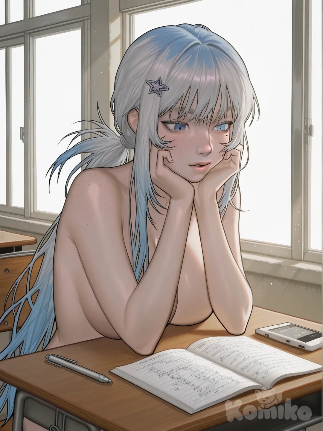 1girl, heart-shaped face, smooth porcelain skin with a faint pearlescent glow, long pale eyelashes, heterochromia eyes — left eye soft lavender, right eye turquoise with faint circuit-like reflections, large glassy irises reflecting window light, delicate straight nose, soft rose-pink lips slightly parted, small beauty mark beneath the right eye, faint star-dust freckles across the cheeks, thin elegant brows with gentle arches, youthful refined features, ong moon-white hair fading into pale starlit blue at the tips, loosely tied low with soft strands framing her face, hair catching the sunlight in fine luminous threads, gentle thoughtful expression, eyes focused downward with quiet concentration, calm studious gaze, subtle warmth in her expression as if lost in thought, relaxed posture seated at a desk, one hand lightly holding a pen, the other resting against her cheek, faint holographic particles drifting subtly around her, serene academic mood, futuristic academy school uniform, crisp white blouse with soft luminescent fabric, slim navy-blue blazer with silver piping and faint holographic trim, pale lavender ribbon tie neatly fastened, pleated violet-blue skirt visible beneath the desk, knee-high grey socks with subtle glowing seam lines, polished black-and-silver loafers, thin star-shaped hairpin, sleek student desk with transparent holographic interface panels, digital notebook open displaying glowing handwritten notes, sunlight streaming through large classroom windows, soft dust motes floating in the light, clean modern classroom interior with subtle sci-fi accents, quiet afternoon atmosphere, gentle pastel color palette, [digital-painterly-style],nude body ,big tits,no clothes,nude full body