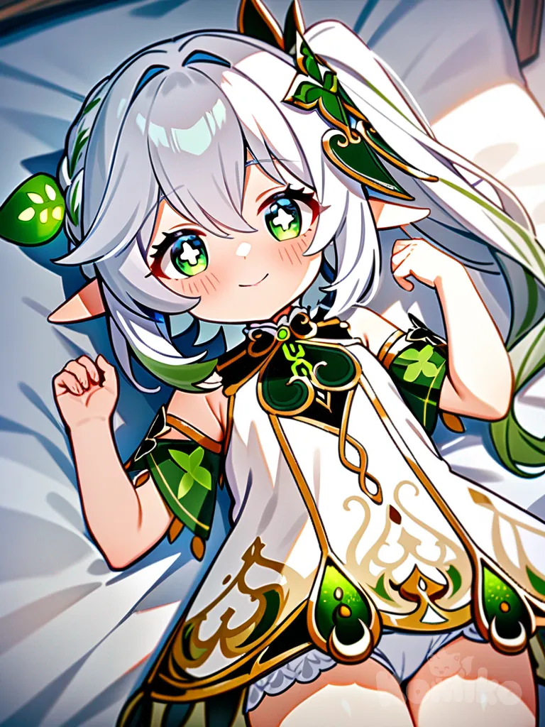 an anime girl lying on a bed with white hair smiling at the camera, 1girl, nahida (genshin impact), green eyes, solo, nude, looking at viewer, blush, side ponytail, white panties, dress, green hair, loli, white dress