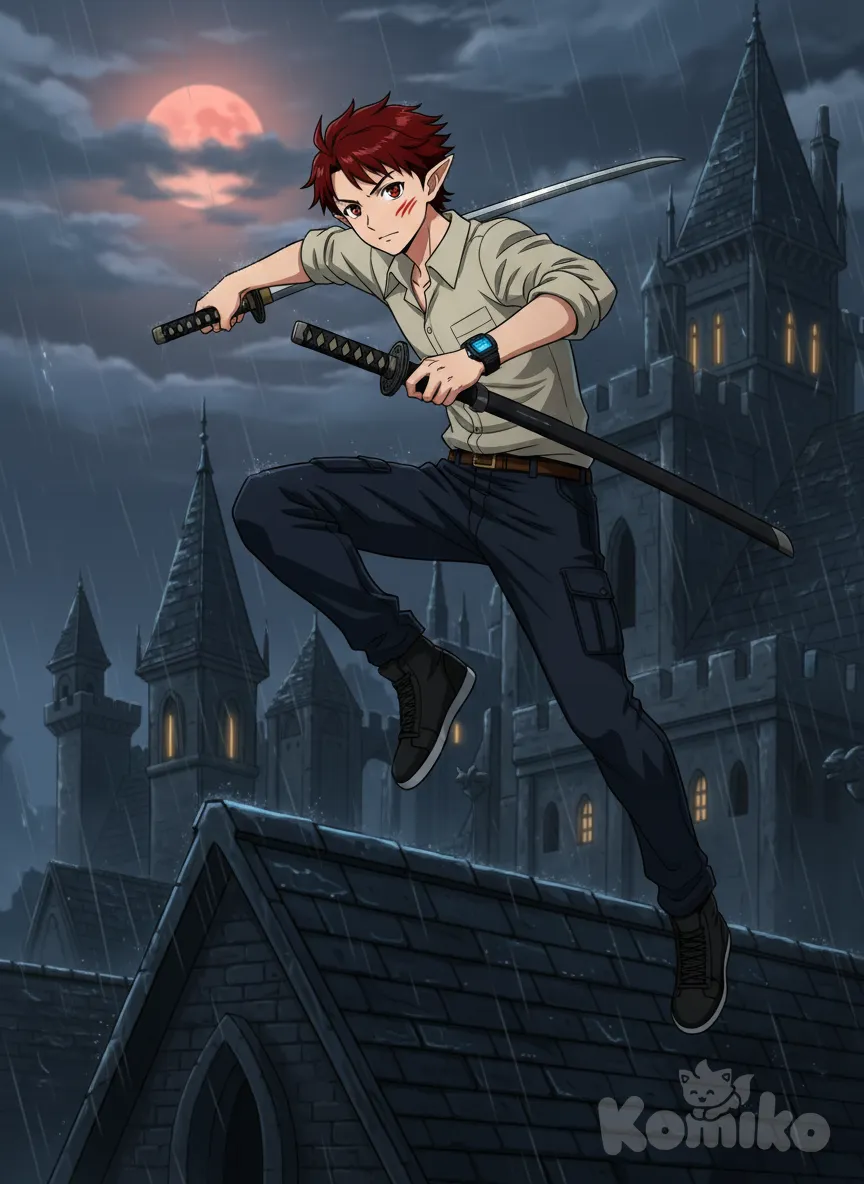 <red-moon-shadow-8VhL>, jumping from rooftop, holding sword, casual pants, digital watch, full body, night, castle, anime style