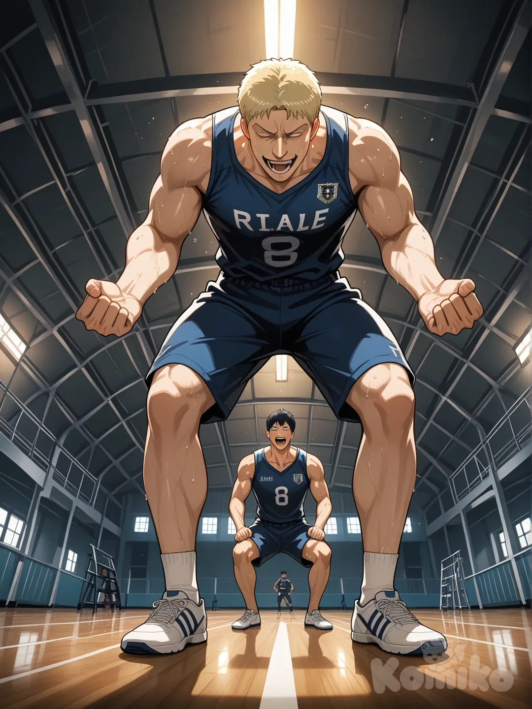 @Bertolt_Hoover, @Reiner_Braun, [semi-realistic--style], smile, laughing, evil smile, from below, from above, bird's-eye view, full body, medium long shot, cinematic lighting, gym