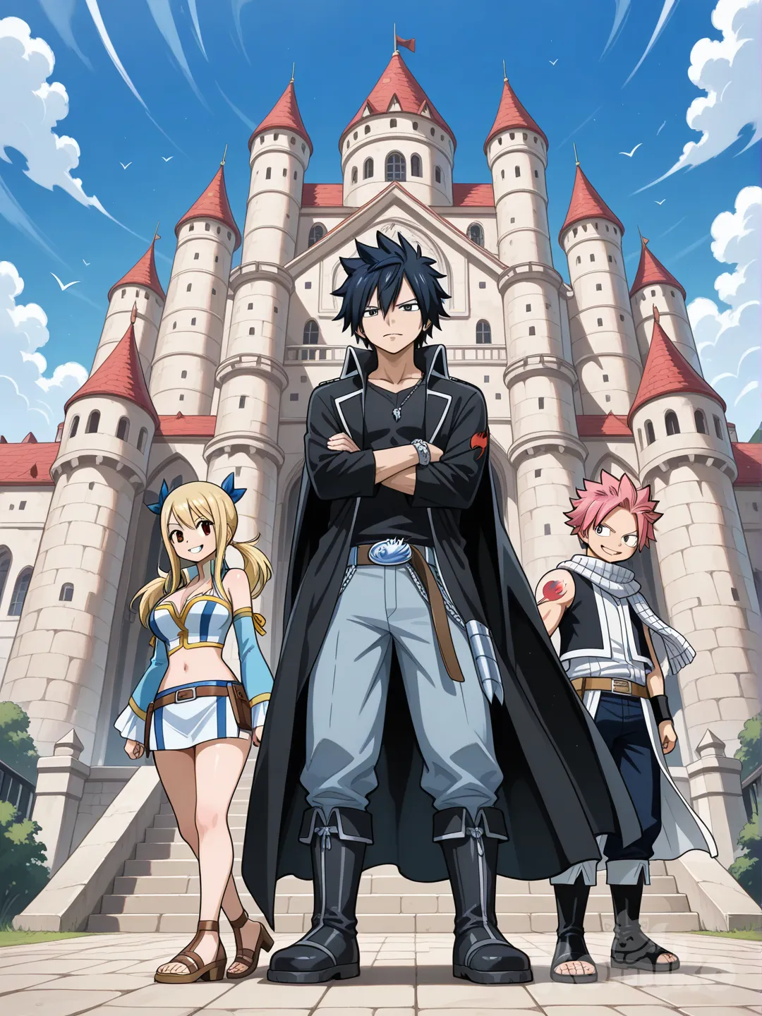 fairy tail, lucy heartfilia, gray fullbuster, natsu Dragneel, 2boys, 1girl, full body, castle
