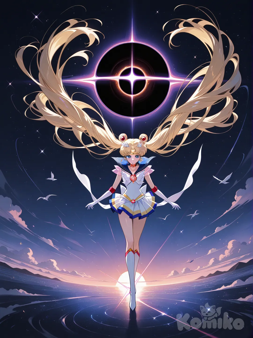Sailor Galaxia, Eternal Sailor Moon, Eternal Sailor Chibi Moon , final fight, full moon, Universe, twilight, Black Hole, Dark Power, Light of hope, full body, bird's-eye view