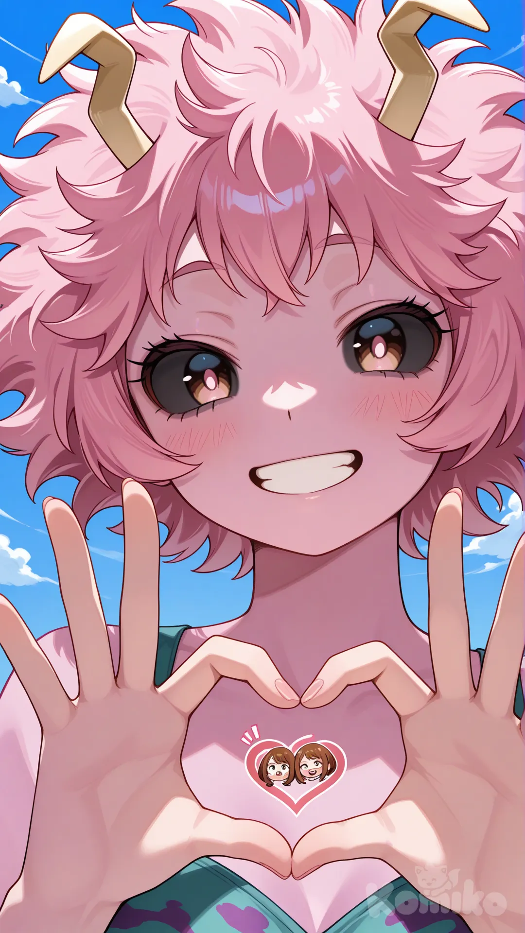 @Ashido_Mina, @Kirishima_Eijirou, @Uraraka_Ochako, waving, heart hands, portrait, side light, blue sky