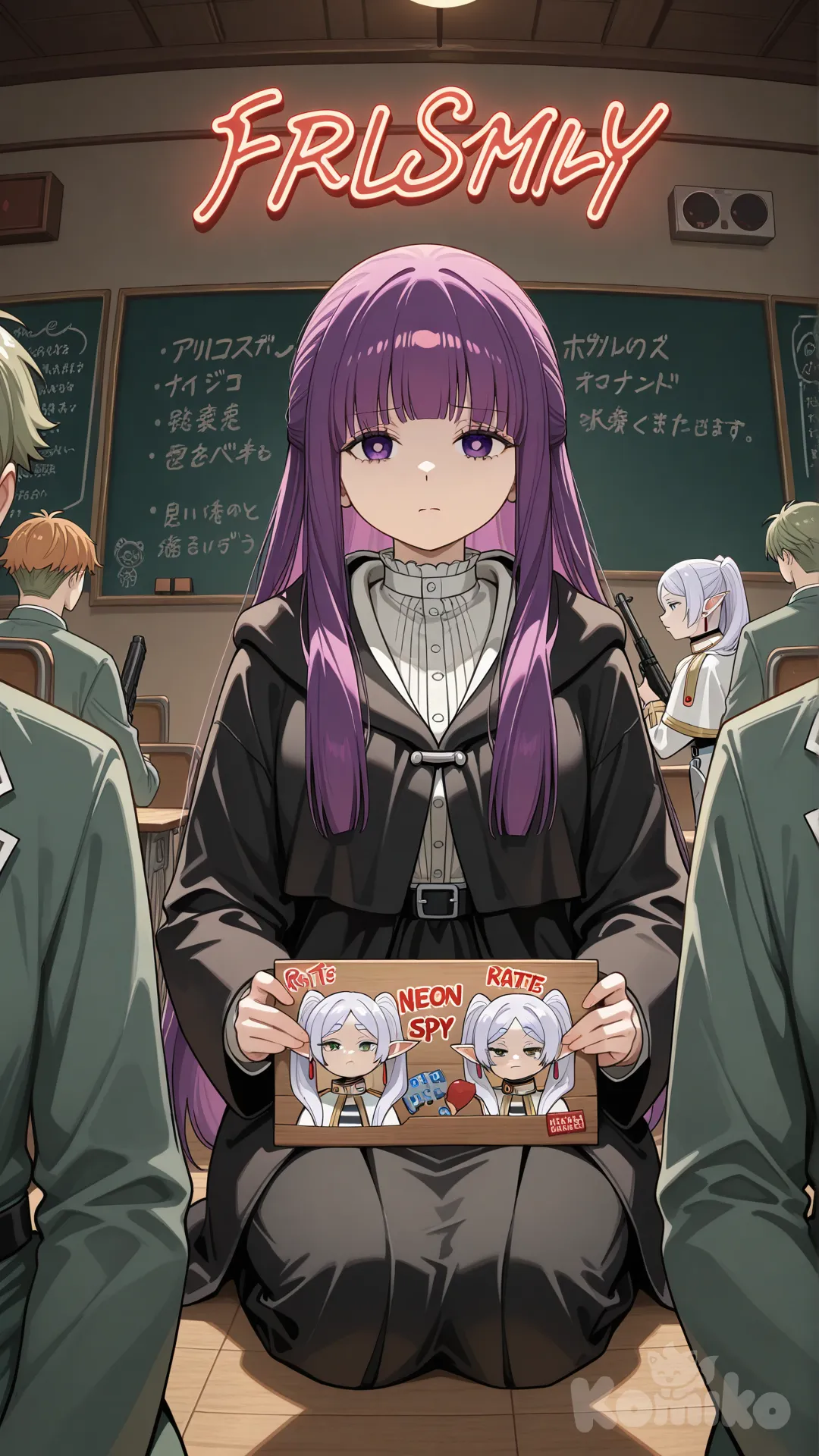 @Twilight_(Spy_X_Family), @Frieren, @Fern_(Sousou_No_Frieren), holding sign, holding gun, sitting on the ground, disappointed, angry, upper body, neon lights, classroom