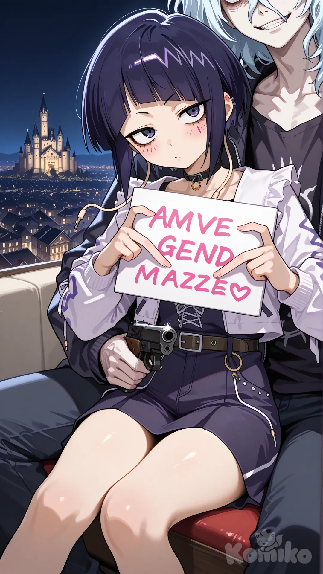 @Shigaraki_Tomura, @Jirou_Kyouka, heart hands, holding sign, holding gun, sitting on lap, closeup, city lights, castle