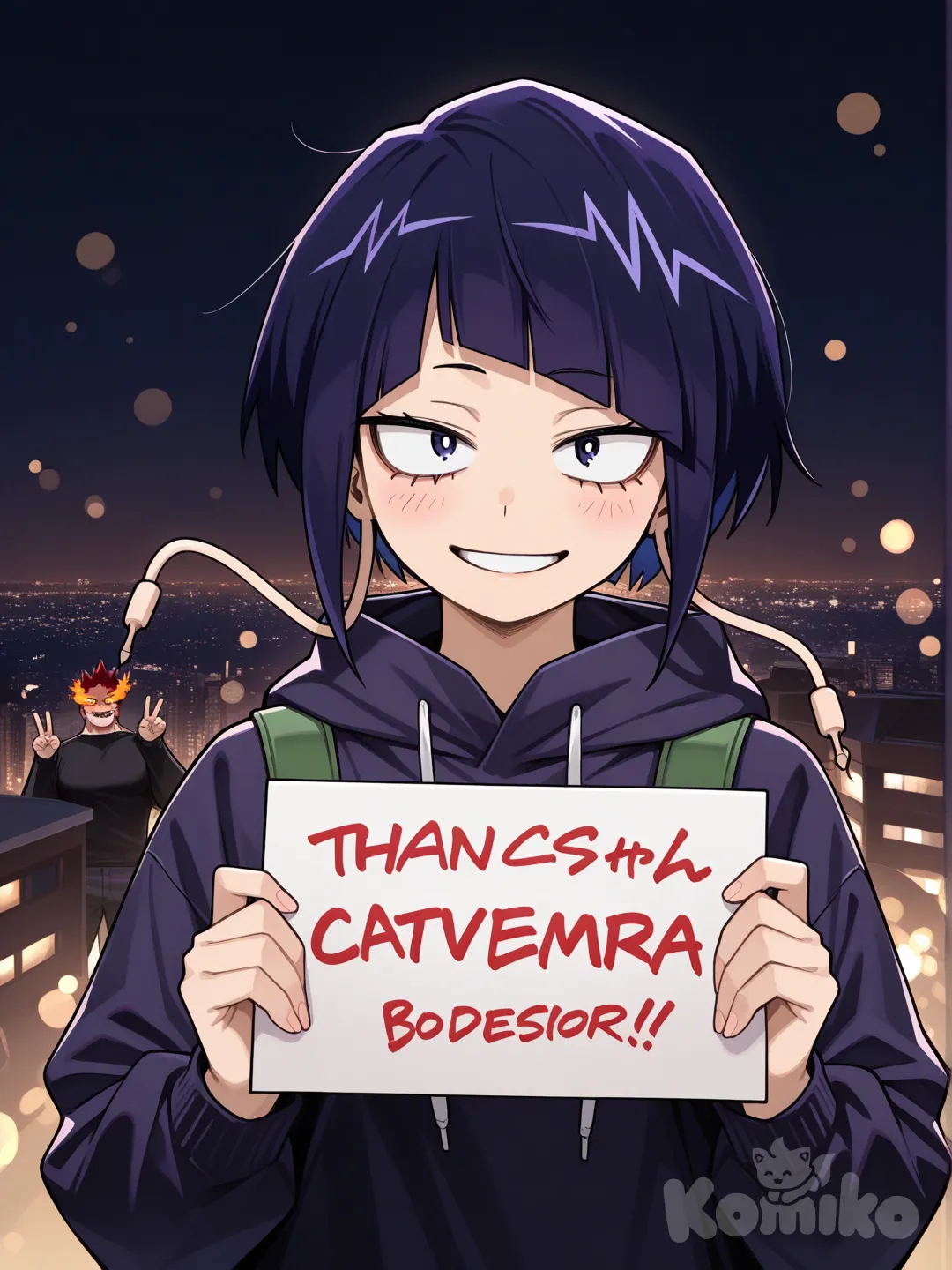 @Endeavor_(Boku_No_Hero_Academia), @Jirou_Kyouka, v sign, holding sign, shocked, evil smile, looking at viewer, city lights, gradient background