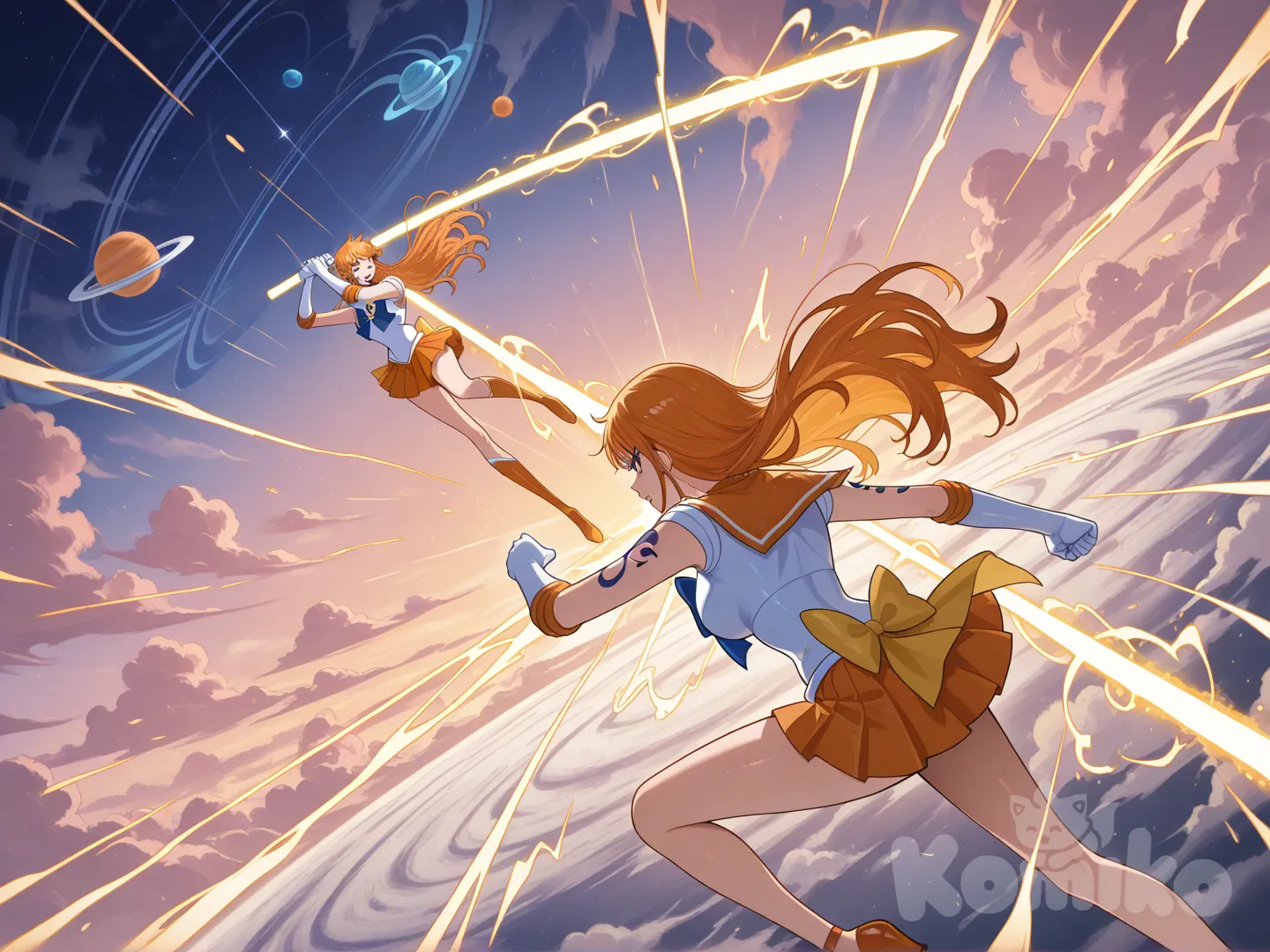 Sailor Venus, energy sword, love beam, solor, venus planet, fighting, nami (one piece), cloud