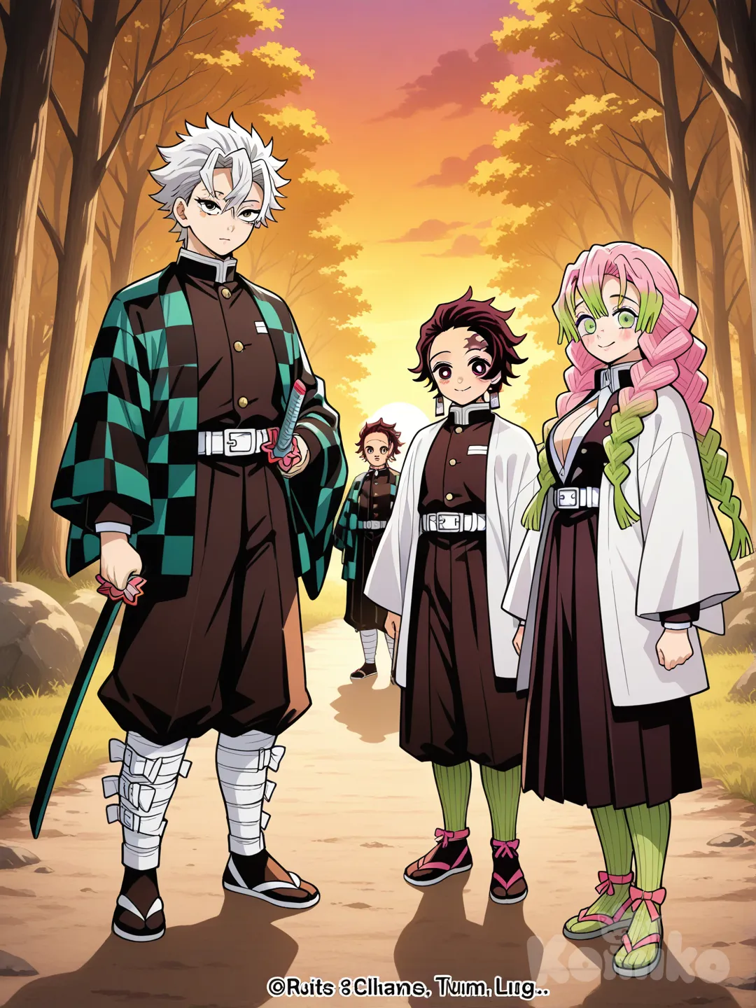 2boys, 1girl, @Shinazugawa_Sanemi, @Kamado_Tanjirou, @Kanroji_Mitsuri, expressionless, smile, full body, forest, twilight, anime screencap