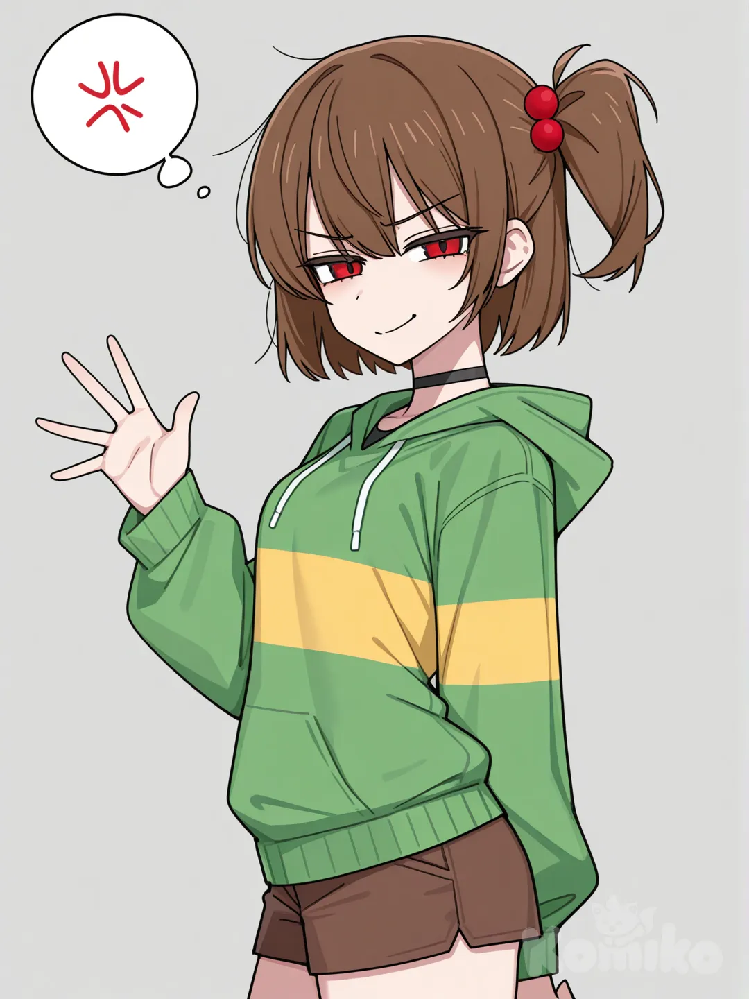 chara_(undertale), mirando al espectador, suéter a rayas, ropa a rayas, cabello castaño, boca cerrada, cabello corto, suéter verde, mangas largas, una chica, nombre del artista, texto en inglés, pantalones cortos, fondo simple, pantalones cortos marrones, suéter, de lado, sonrisa, vena de ira, pantalones cortos, burbuja de pensamiento, pechos, fondo gris, ojos rojos, tiro de vaquero, camisa, solo, ropa navideña , [toon-shaded-style], front profile photo, looking at viewer, hoodie, choker, side ponytail, waving, pleated skirt