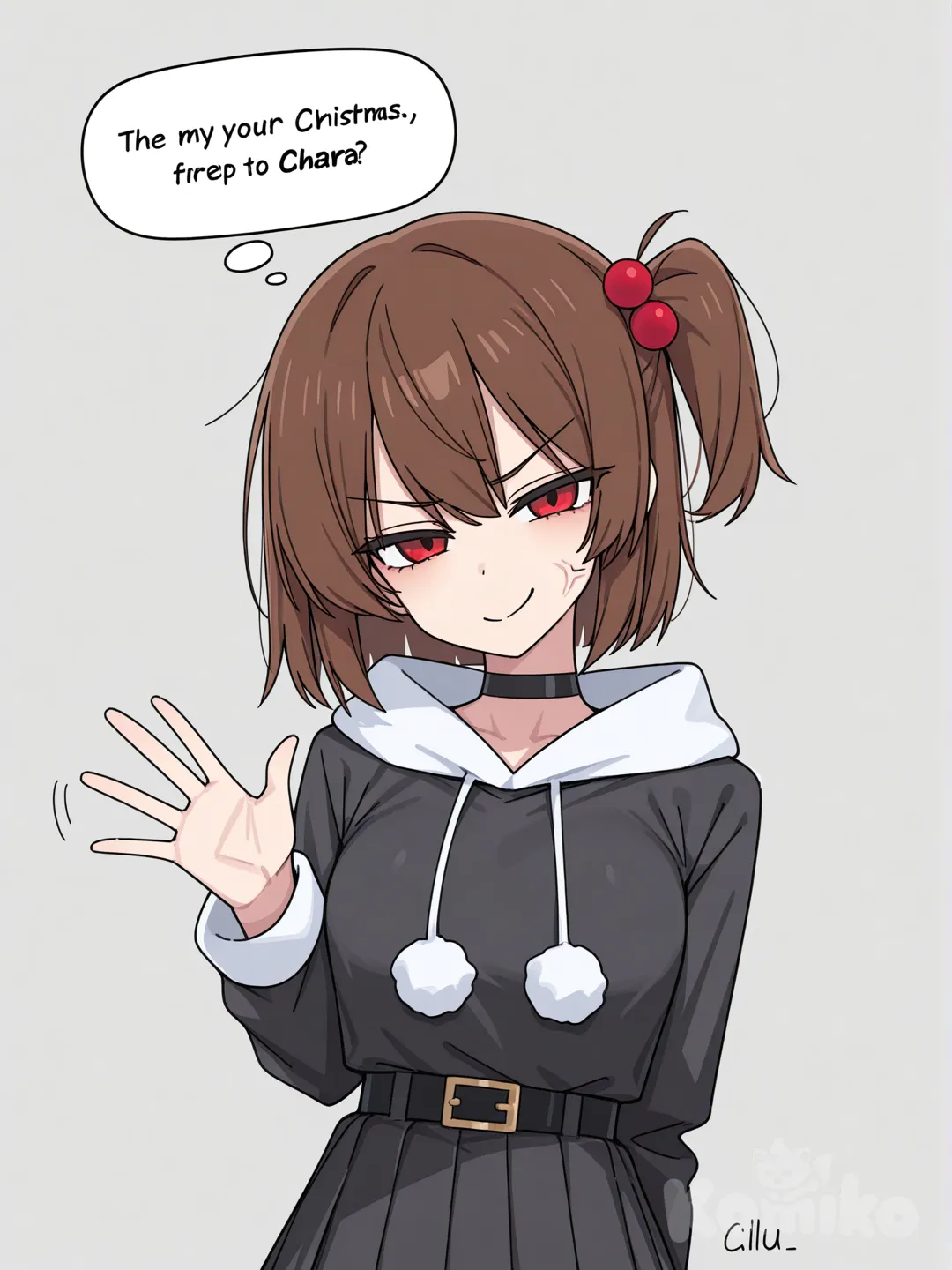 chara_(undertale), mirando al espectador, cabello castaño, boca cerrada, cabello corto, una chica, nombre del artista, texto en inglés, fondo simple, sonrisa, vena de ira, pantalones cortos, burbuja de pensamiento, pechos, fondo gris, ojos rojos, ropa navideña , conjunto de navidad [toon-shaded-style], front profile photo, looking at viewer, hoodie, choker, side ponytail, waving, pleated skirt, little black dress, upper body, head tilt