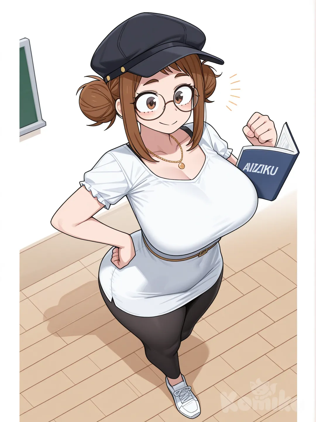 Ochako uraraka_(Boku no hero ) pelo marrón oscuro, extensiones Maron claro, tetas grandes, culo grande, muslo, caderas curvas, medianos, ropa casual, vestido blanco, licra negra, sombrero, lentes, de lectura, zapatos casuales , sonriendo de manera cálida, levantando su puño al aire cerrado, y el Otro sobré su cadera front profile photo, [toon-shaded-style], white background, full body, double buns, necklace, classroom, from above
