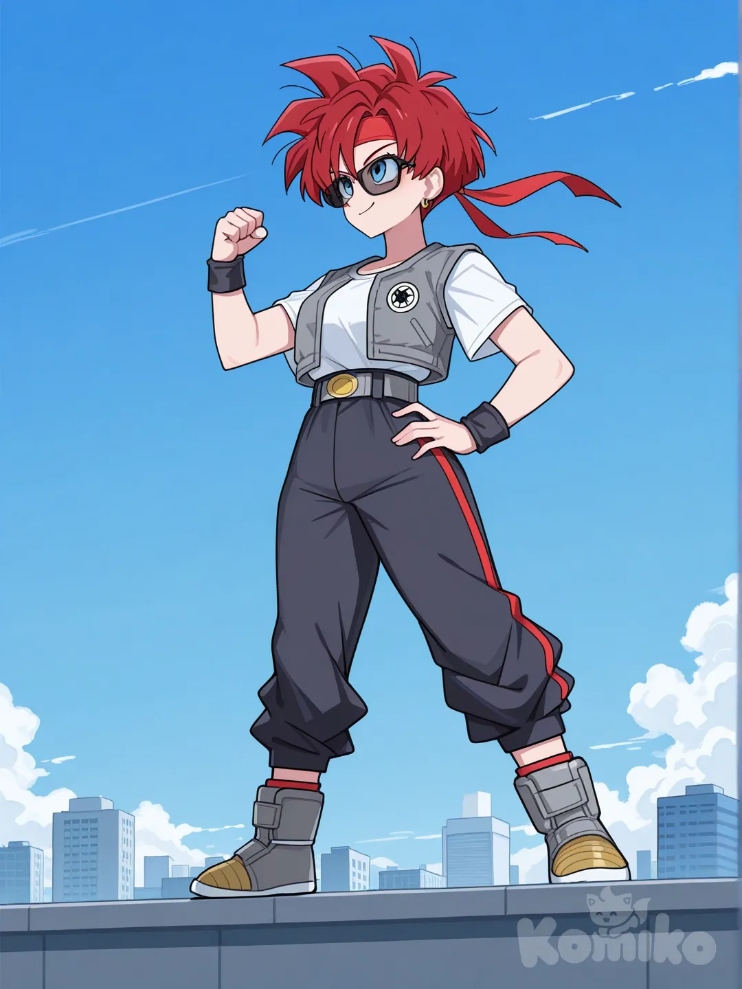 Videl _( Dragón ball z ) ojos azules, cabello rojo, camiseta Blanca, chaleco gris, estando de pie,al borde de un edificio con una de sus manos 
Haciendo un puño hacía el cielo, la otra sobre su cadera ,mirando el cielo, con una sonrisa enérgica headband, sunglasses, full body, [toon-shaded-style], from below, side profile photo