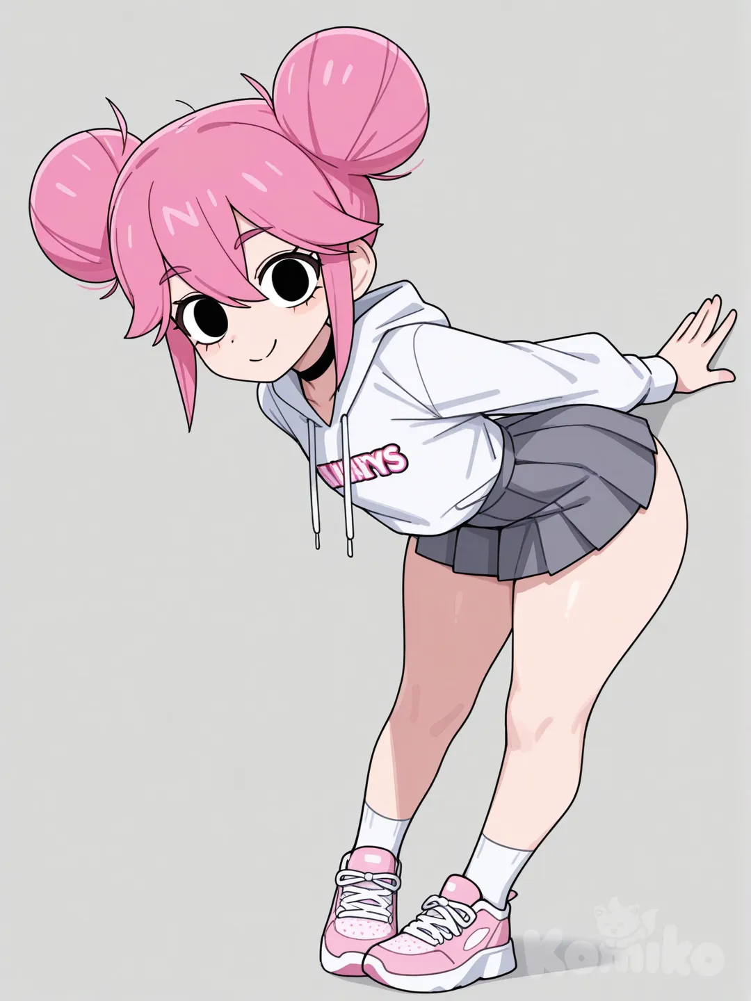 Bonnie_(brawl stars) ,sonrisa, una chica, ojos negros, cabello rosa, sudadera con capucha, falda, manos dentro de los bolsillos, radiante , 1.62 cm, 9 años la, culo, muy grande, muslos, muy grandes, caderas curvas, pecho plano, de frente con el cuerpo inclinando hacia adelante, no en su totalidad, quedando recta, la mirada hacía al frente con la cabeza arriba, brazos estirados, encimas de sus rodillas, mostrando a la vista su culo [toon-shaded-style], hoodie, pleated skirt, choker, full body, double buns