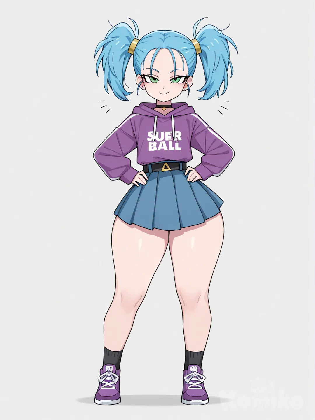 Bra _( dragón ball súper) enana, 1.52 CM ,pelo azul, ojos verdes, culo, muy grande, muslos, muy grandes, caderas, curvas, de frente, de pie, manos sobre las caderas , sonrisa mañosa, full body, looking at viewer, hoodie, pleated skirt, choker, [toon-shaded-style], twin tails, side profile photo