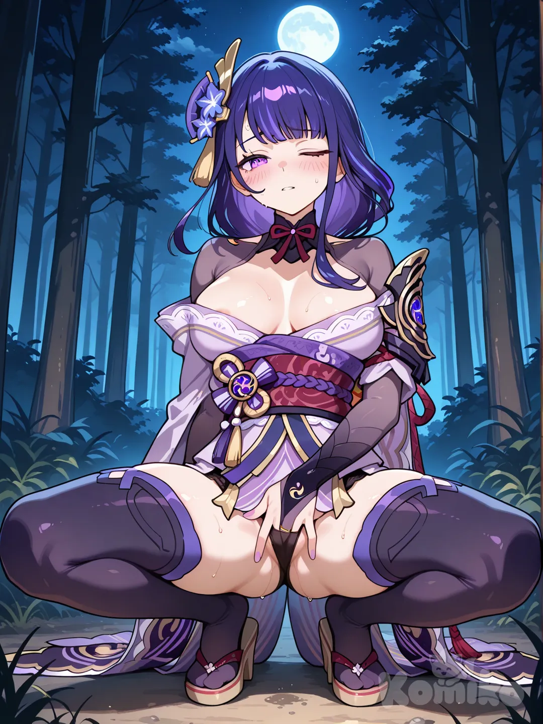 Hentai, Raiden_Shogun, running cloth, self-touch, blush, full body, night, forest, one eye closed, breasts, thighhighs, sexually suggestive