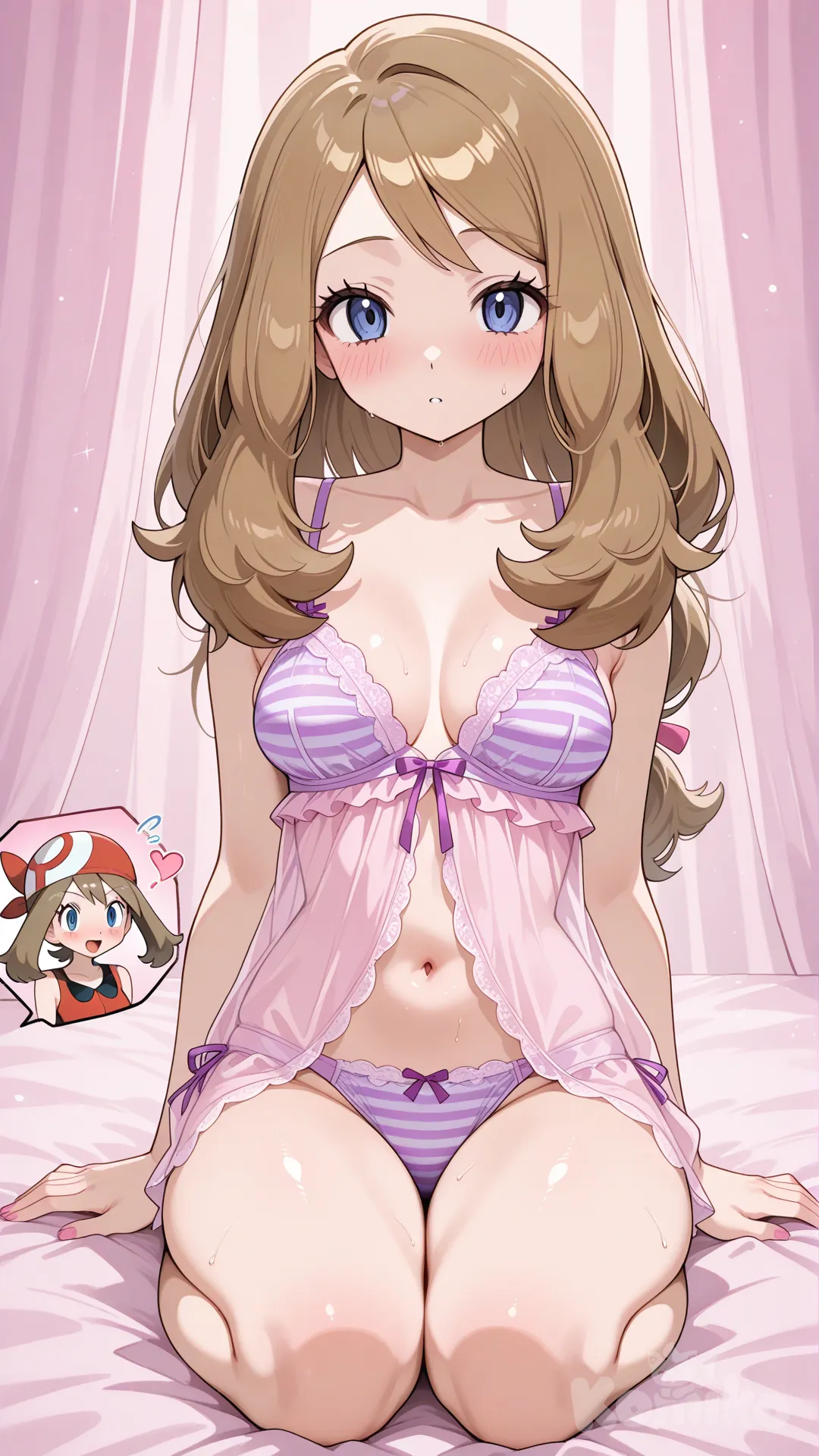 2people, @Serena_(Pokemon), @May_(Pokemon) en lencería de rayas estilo japones rosa y morado