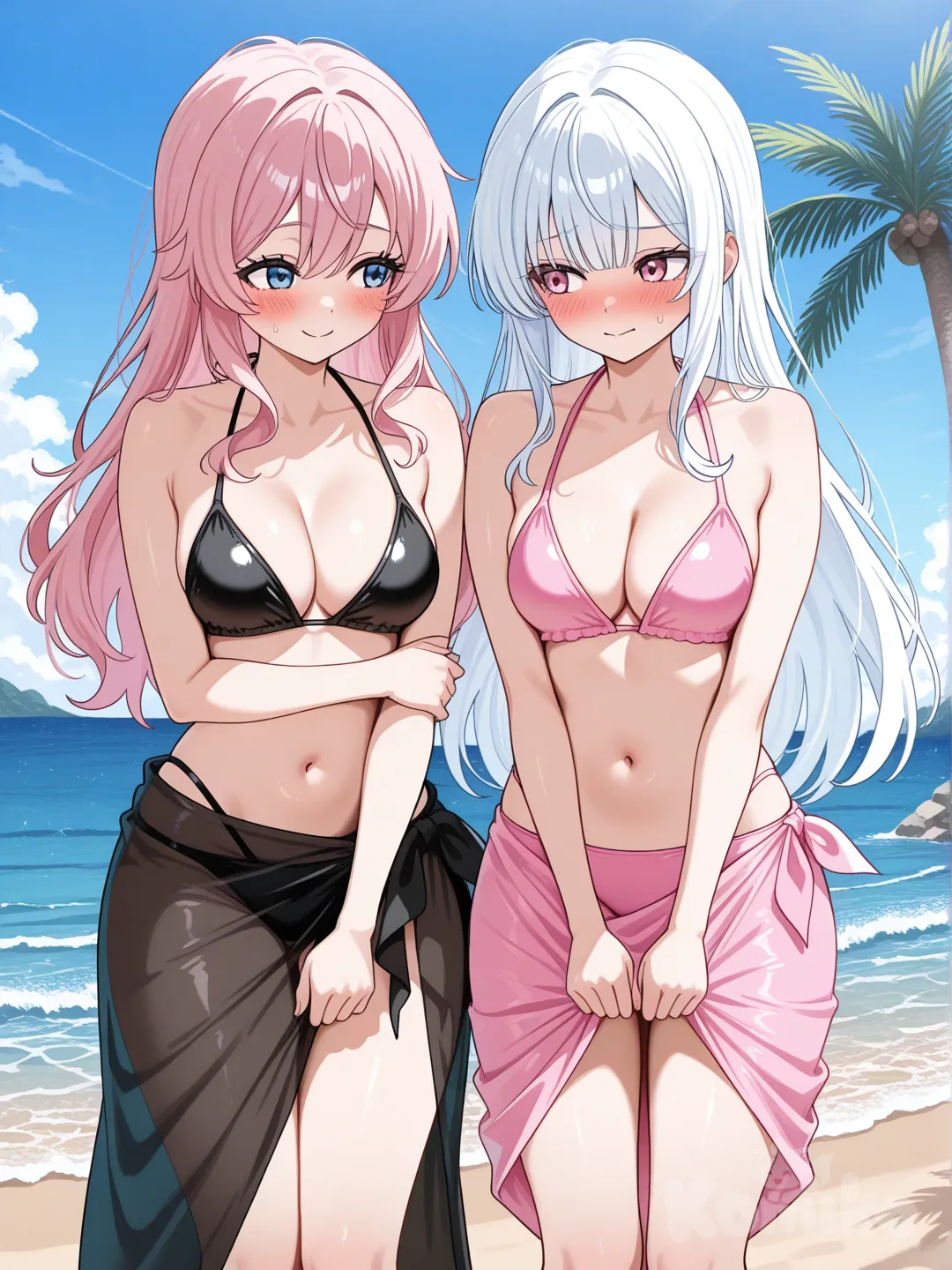 Una chica de cabello largo blanco,missoni lavi bikini negro ajustado,trozo de tela negra cubriendo sus piernas,avergonzada,desviando un poco la mirada,de pie junto a una chica de cabello largo rosa,missoni lavi bikini rosa ajustado,trozo de tela rosa cubriendo sus piernas,sonriendo,playa.