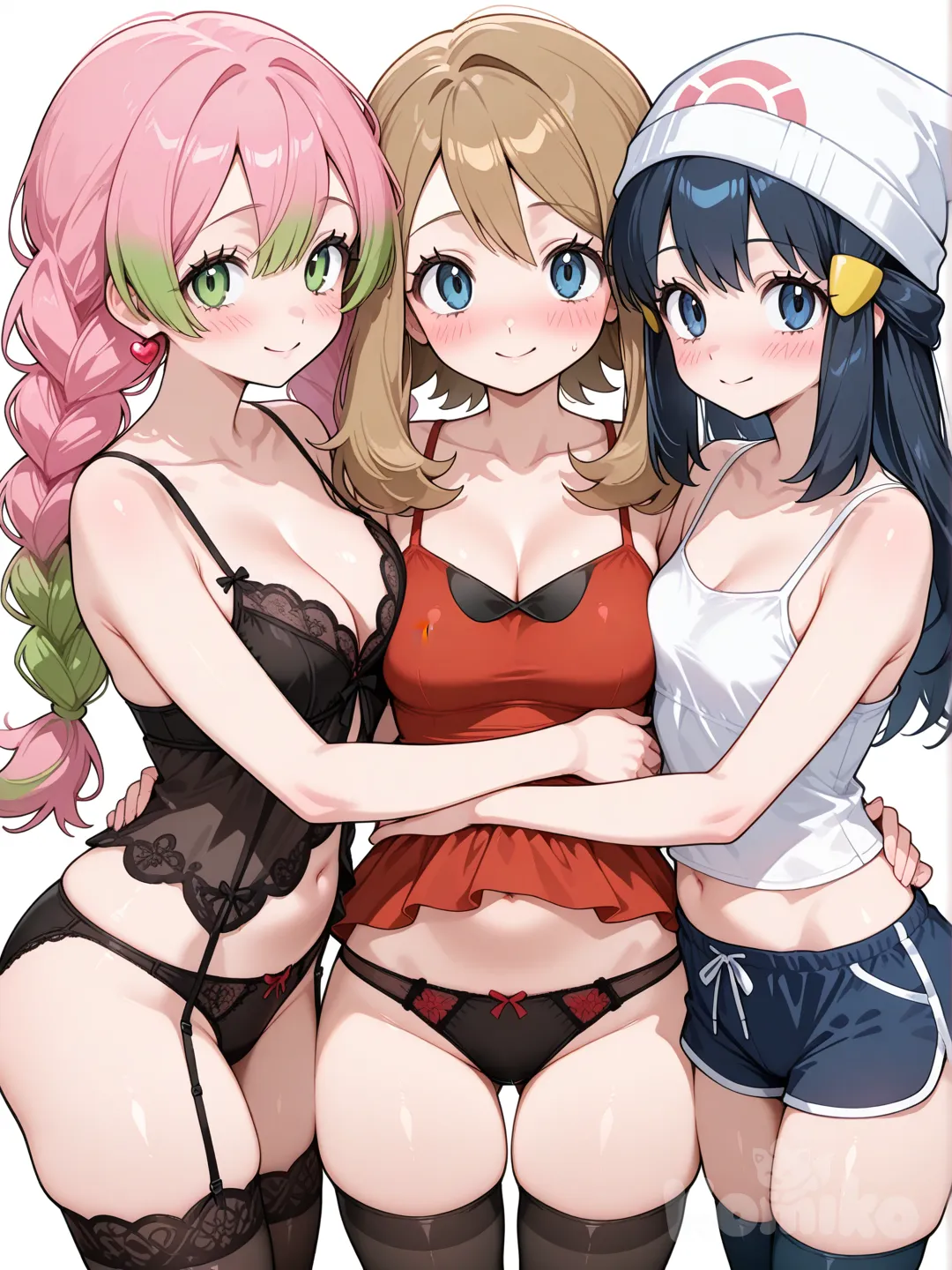 Un chico de pie,siendo abrazado por 5 chicas (blusas de difetirantes colores con tirantes,algunas con short deportivo y otras con short pijama,lencerías diferentes cada una y una sin lencería,algunas con medias largas)., @Serena_(Pokemon), @Akari_(Pokemon), @May_(Pokemon), @Dawn_(Pokemon), @Kanroji_Mitsuri