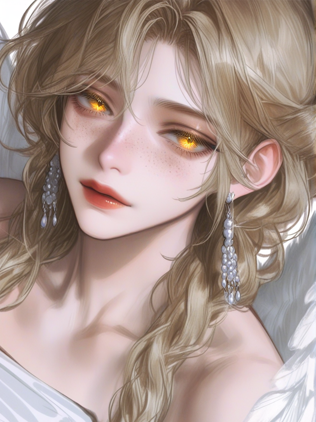 [semi-realistic-portrait-style] 1girl, realistic, mature_female, tall_girl, curvy, athletic, blonde_hair, golden_eyes, glowing_eyes, freckles, scar, tan_skin, greek_goddess_outfit, angel_wings, pearls, earrings, single_character, full_body, looking_at_viewer, simple_background, white_background