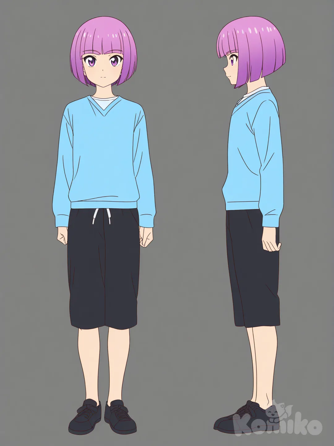 Bob hairstyle , male, femboy, reference sheet, cute,[pop-anime-style]
