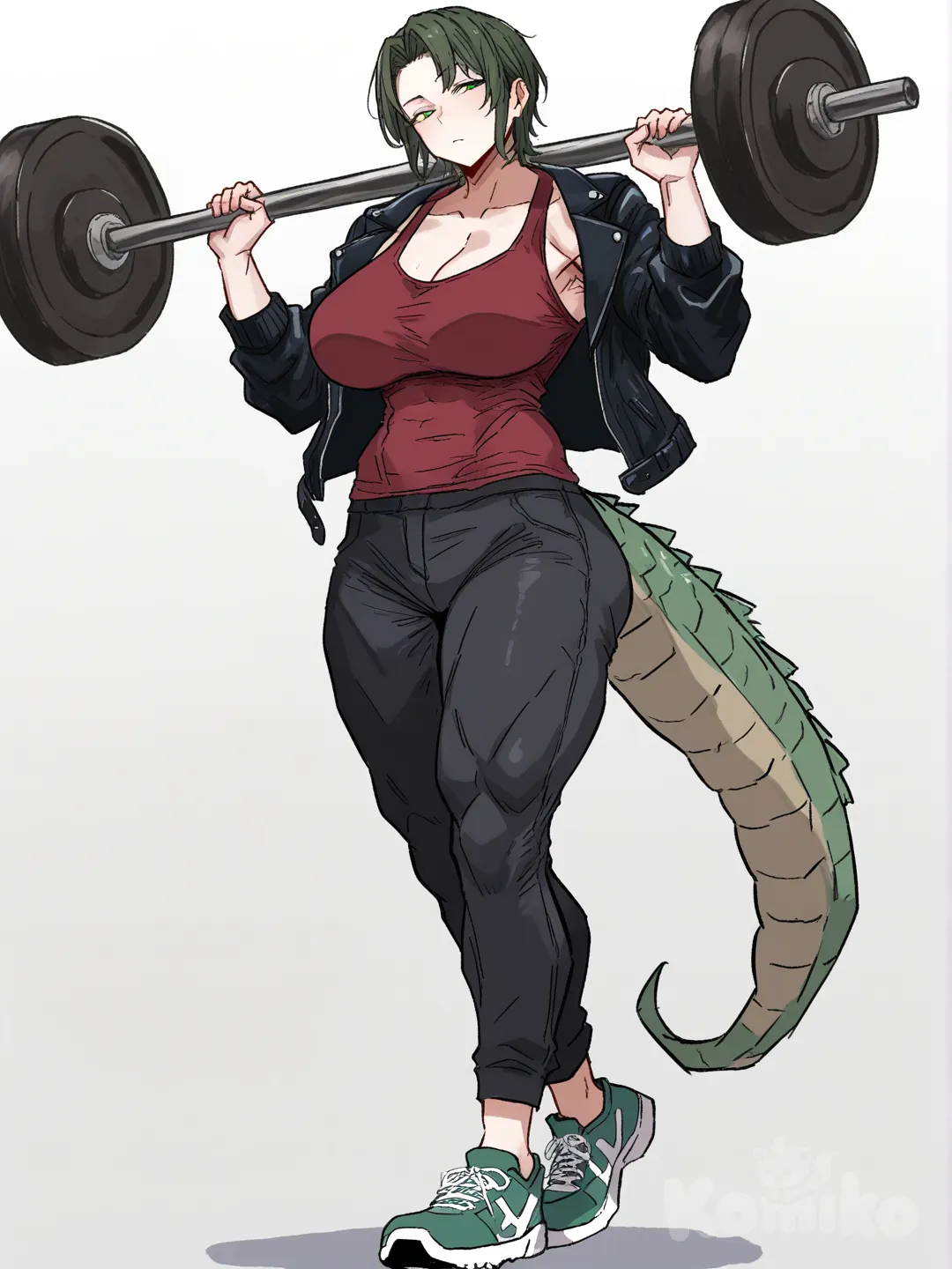 mature aesthetic muscular female, scrawny, tall, short dark green hair, green eyes, pale skin, big breasts, huge muscular, hips big butt, red t-shirt, black leather jacket, black casual pants, dark green sneakers, long crocodile tail, Relief press, full body, looking at viewer, [hentai-style], white background, head tilt