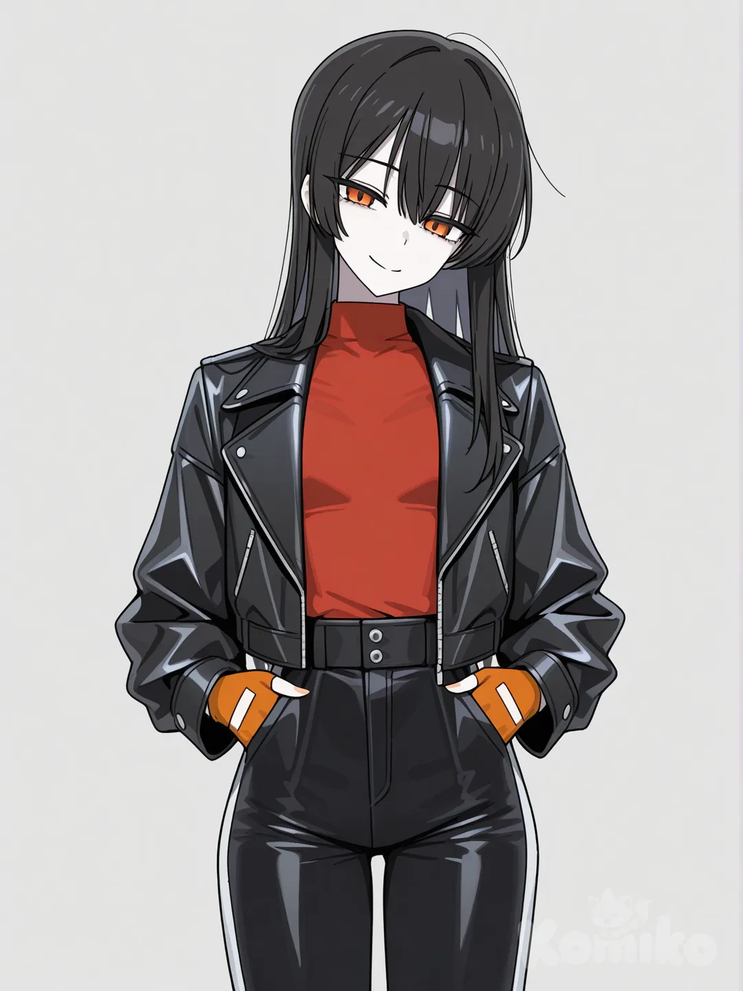 1 female, scrawny, tall, long black hair, orange eyes, pale skin, small breasts, long black leather jacket, red t-shirt, orange fingerless gloves, black casual pants, 18 years, head tilt, clean background, smile, turning to the viewer, Facing the viewer, The character faces the viewer, [toon-shaded-style]