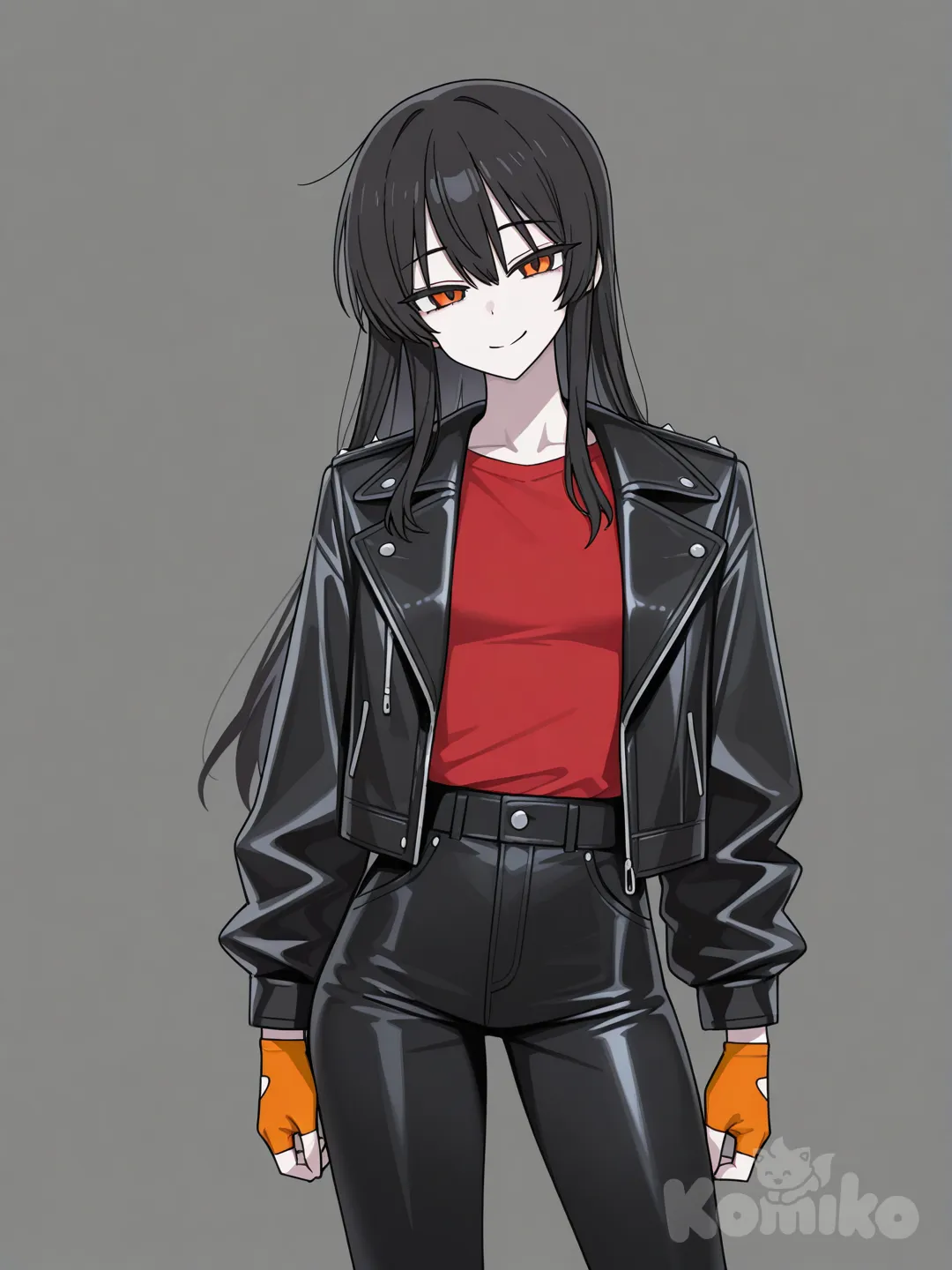 1 female, scrawny, tall, long black hair, orange eyes, pale skin, small breasts, long black leather jacket, red t-shirt, orange fingerless gloves, black casual pants, 18 years, head tilt, clean background, smile, turning to the viewer, Facing the viewer, The character faces the viewer, [toon-shaded-style]