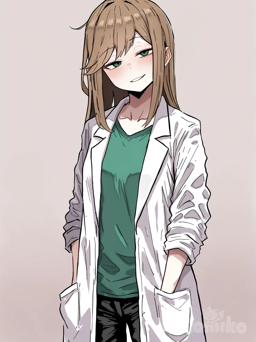 1 female, scrawny, tall, long brown hair, green eyes, pale skin, small breasts, white lab coat, green T-shirt, black casual pants, 18 years, head tilt, clean background, turning to the viewer, Facing the viewer, The character faces the viewer, [hentai-style], blush, smirk