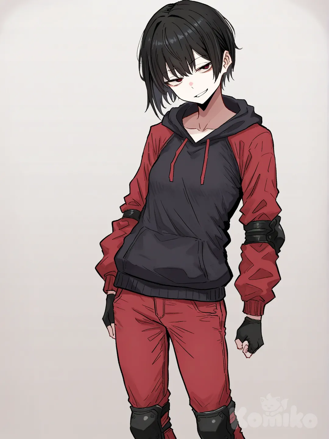 1 female, scrawny, tall, short black hair, red eyes, pale skin, small breasts, black hoodie with long red sleeves, black fingerless gloves, Black elbow pads, red pants with black knee pads, 18 years, head tilt, clean background, turning to the viewer, Facing the viewer, The character faces the viewer, [hentai-style], smirk