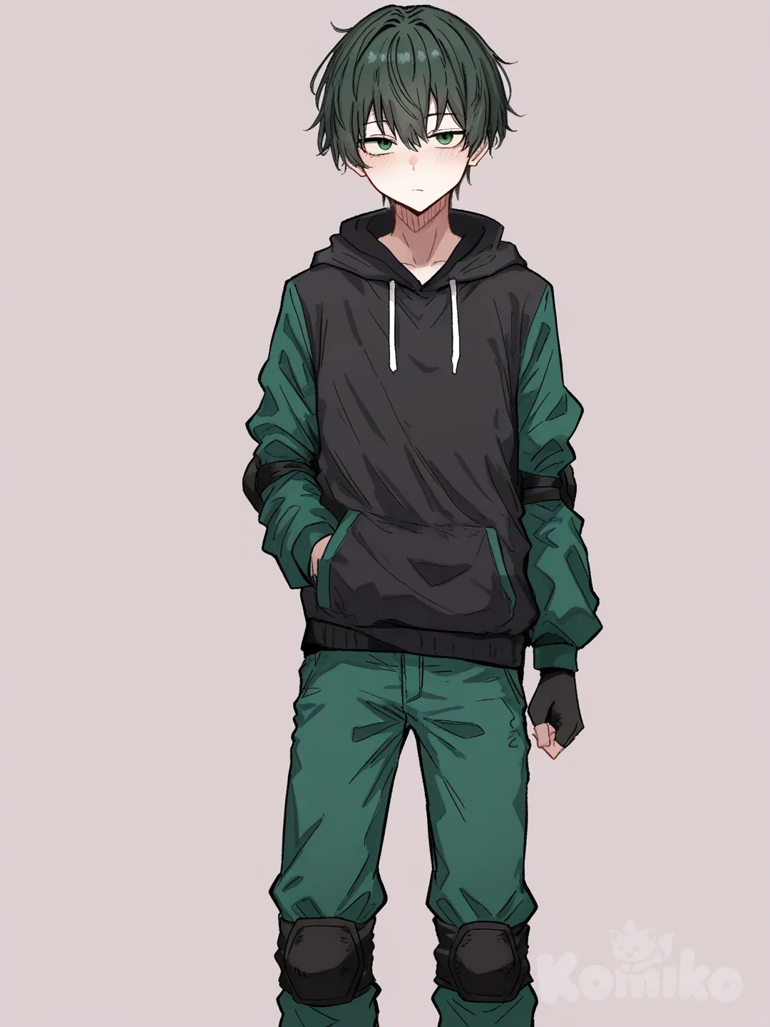 1 male, scrawny, tall, short dark green hair, dark green eyes, pale skin, black hoodie with long dark green sleeves, black fingerless gloves, Black elbow pads, Dark green pants with black knee pads, 18 years, clean background, turning to the viewer, Facing the viewer, The character faces the viewer, [hentai-style], expressionless, blush, portrait