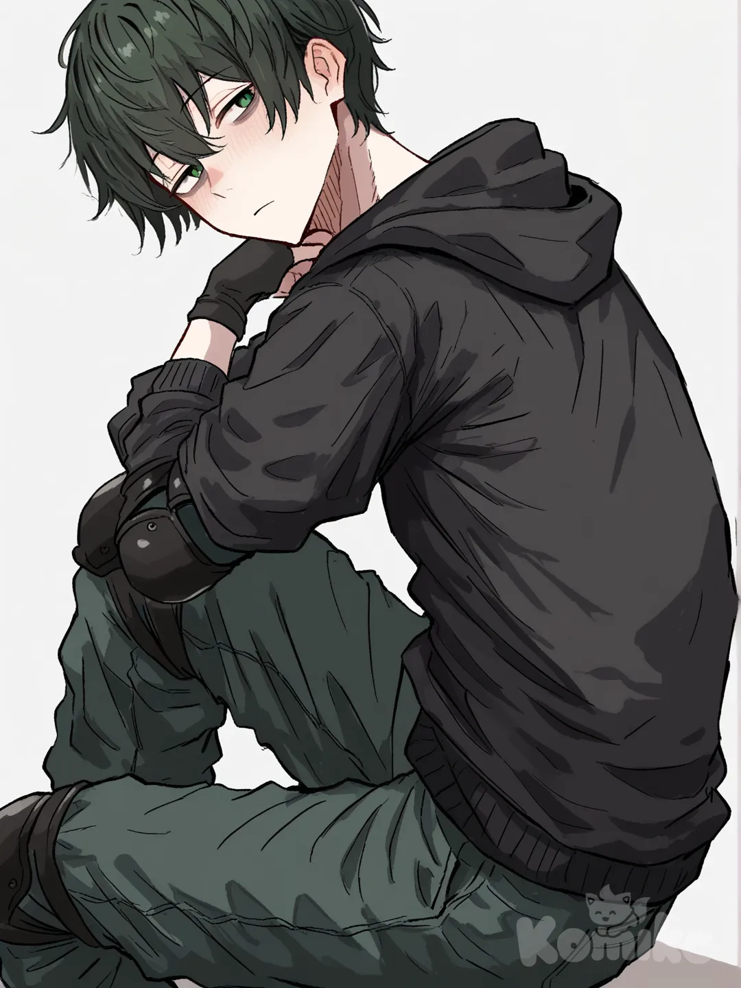 1 male, scrawny, tall, short dark green hair, dark green eyes, pale skin, black hoodie with long dark green sleeves, black fingerless gloves, Black elbow pads, Dark green pants with black knee pads, 18 years, head tilt, clean background, Facing the viewer, The character faces the viewer, [hentai-style], expressionless, blush, Bags under the eyes, looking back