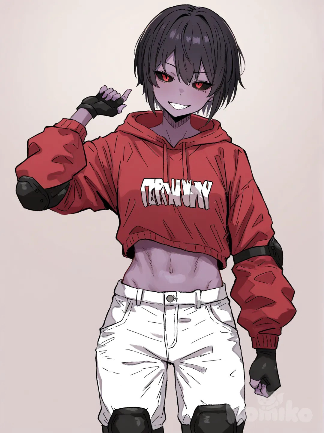 1 female, scrawny, tall, small breasts, short black hair, red eyes, black sclera, dark purple skin, red hoodie with long sleeves, black fingerless gloves, Black elbow pads, white pants, black knee pads, 18 years, head tilt, clean background, Facing the viewer, The character faces the viewer, [hentai-style], evil smile, upper body