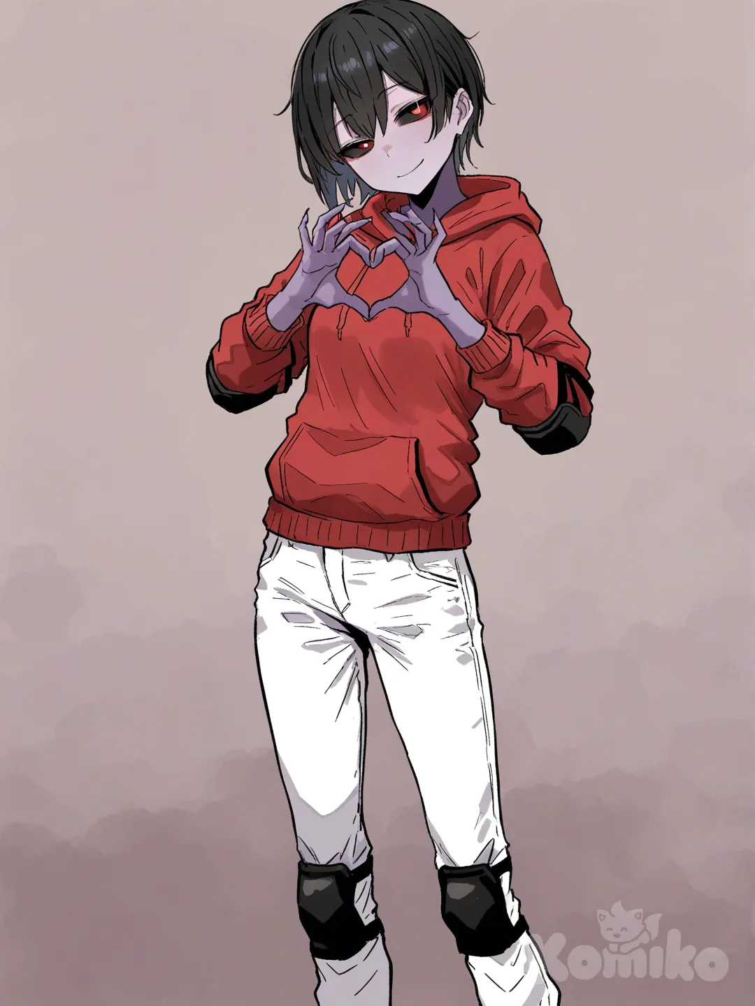 1 female, scrawny, tall, small breasts, short black hair, red eyes, black sclera, dark purple skin, red hoodie with long sleeves, Black hands with black claws, Black elbow pads, white pants, black knee pads, 18 years, head tilt, clean background, Facing the viewer, The character faces the viewer, [hentai-style], evil smile, portrait , heart hands