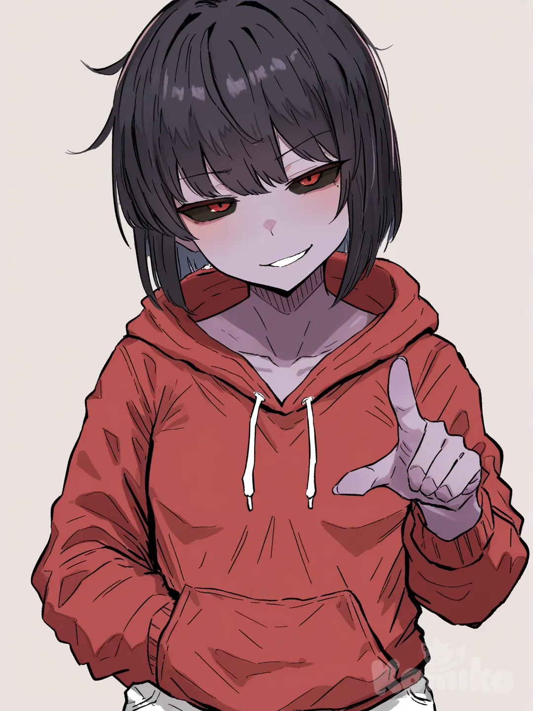1 female, scrawny, tall, small breasts, short black hair, red eyes, black sclera, dark purple skin, red hoodie with long sleeves, dark purple skin with hands, dark black skin with fingers, no gloves, white pants, 18 years, head tilt, clean background, Facing the viewer, The character faces the viewer, evil smile, [hentai-style], looking at viewer, pointing at viewer, upper body