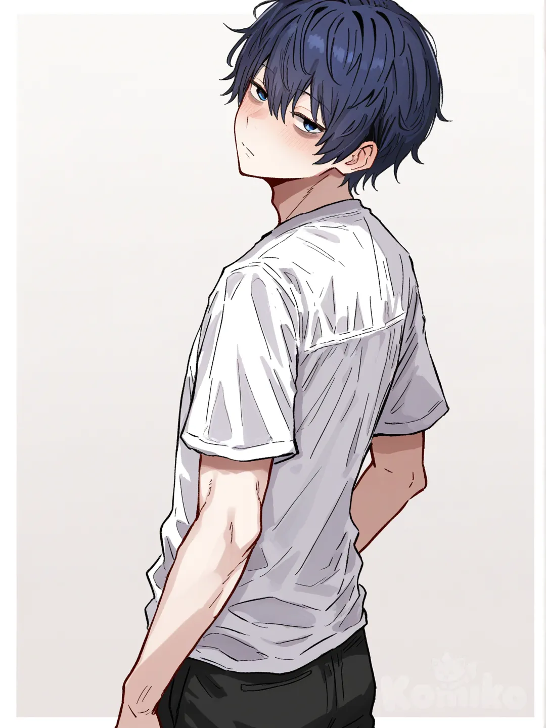 1 male, scrawny, tall, short dark blue hair, dark blue eyes, pale skin, white shirt, black casual pants, 18 years, head tilt, clean background, Facing the viewer, The character faces the viewer, [hentai-style], expressionless, blush, Bags under the eyes, looking back