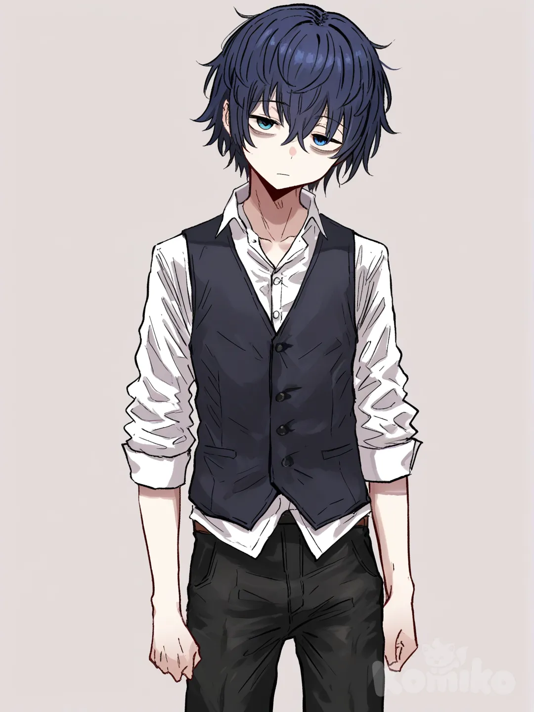 1 male, scrawny, tall, short dark blue hair, dark blue eyes, pale skin, white shirt, black casual pants, 18 years, head tilt, clean background, Facing the viewer, The character faces the viewer, expressionless, Bags under the eyes, vest, [hentai-style]